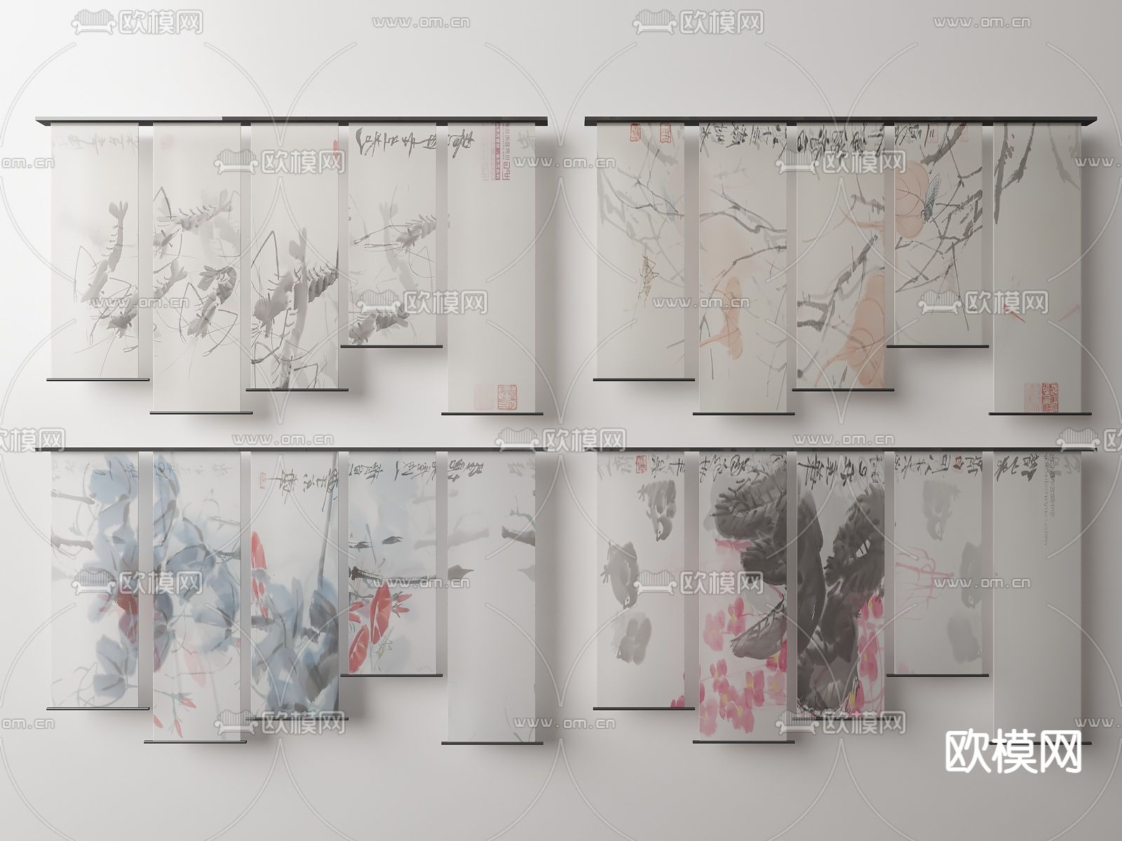 新中式水墨画纱帘su模型下载（渲染图1）