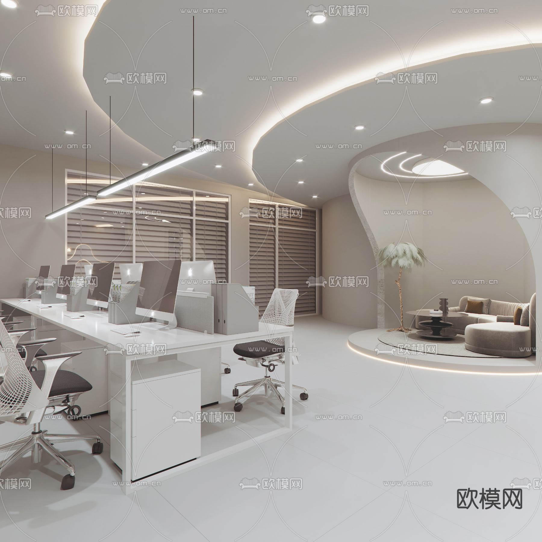 侘寂风敞开式办公室3d模型下载（渲染图1）