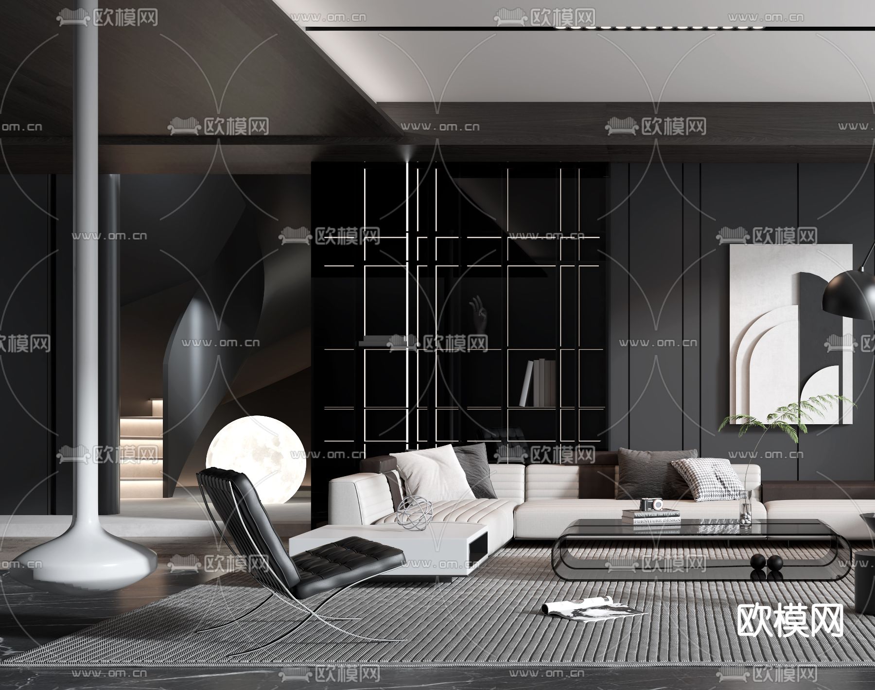 现代高级灰客厅3d模型下载（渲染图2）