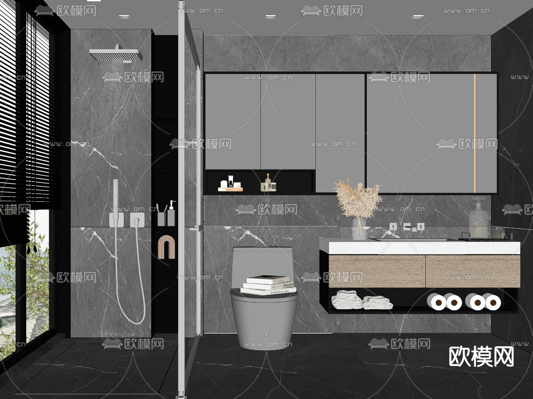 现代高级灰卫生间浴室su模型下载（渲染图2）