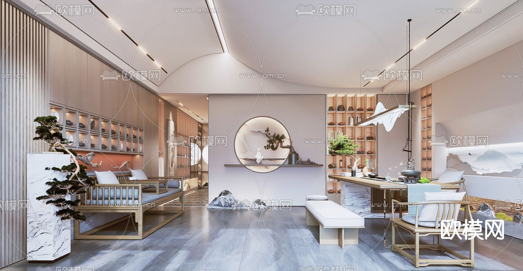 新中式茶馆茶室su模型下载（渲染图1）