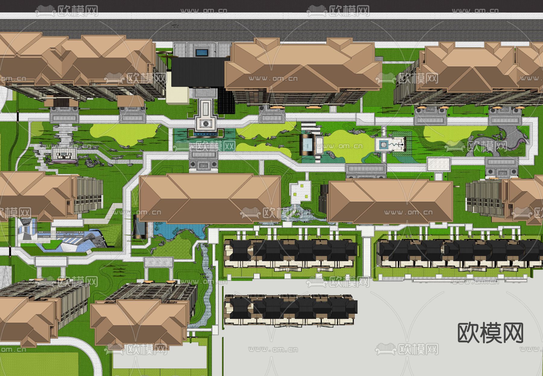新中式小区住宅鸟瞰su模型下载