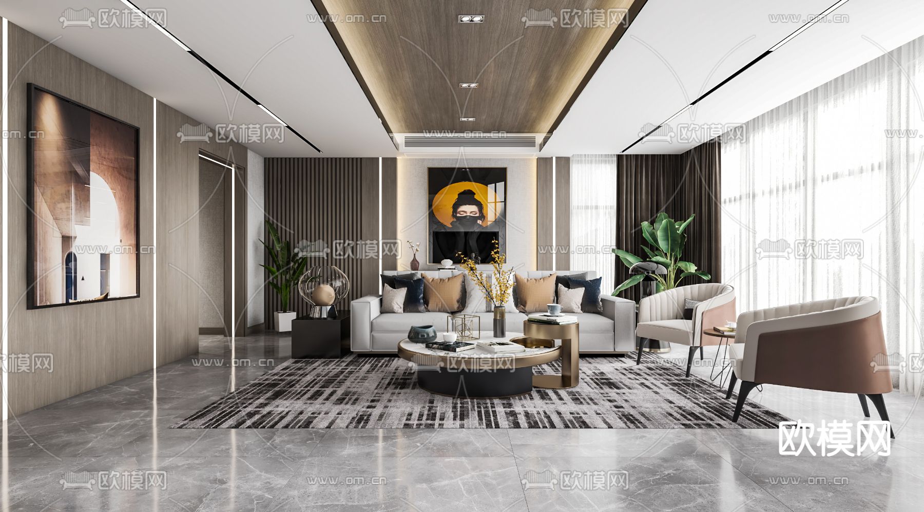 现代轻奢客厅3d模型下载（渲染图1）