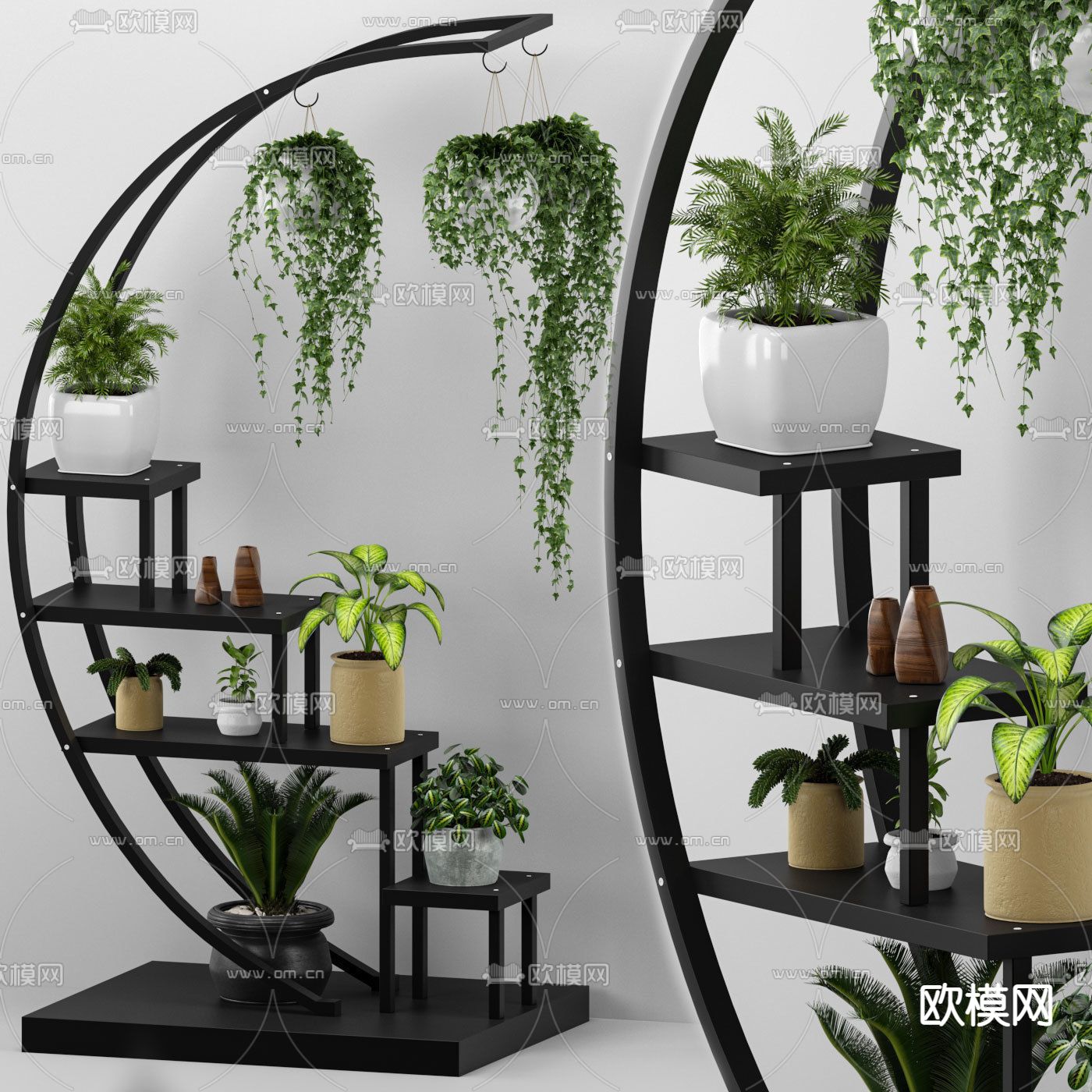 新中式简约实木半月植物架免费3d模型下载