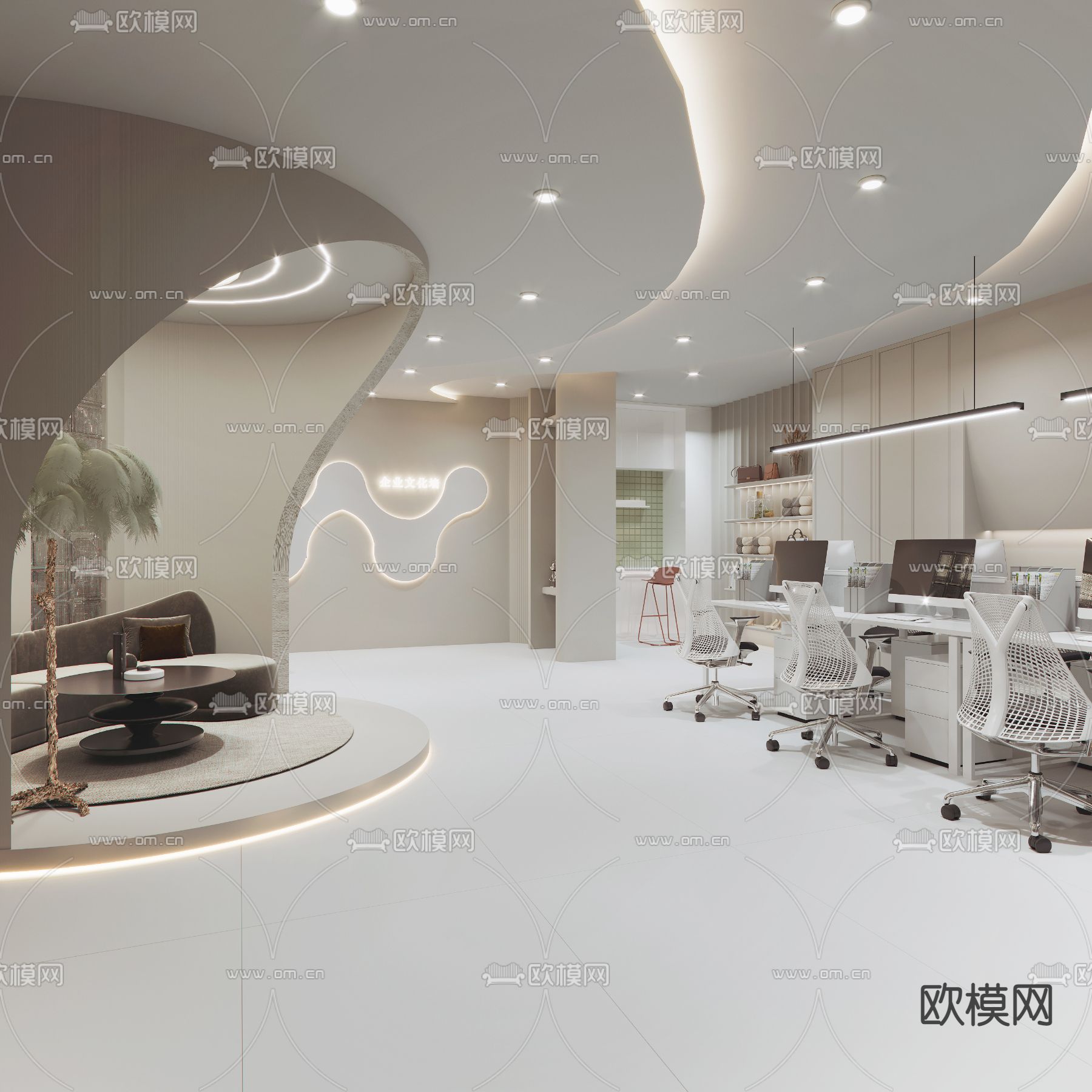 侘寂风敞开式办公室3d模型下载（渲染图3）