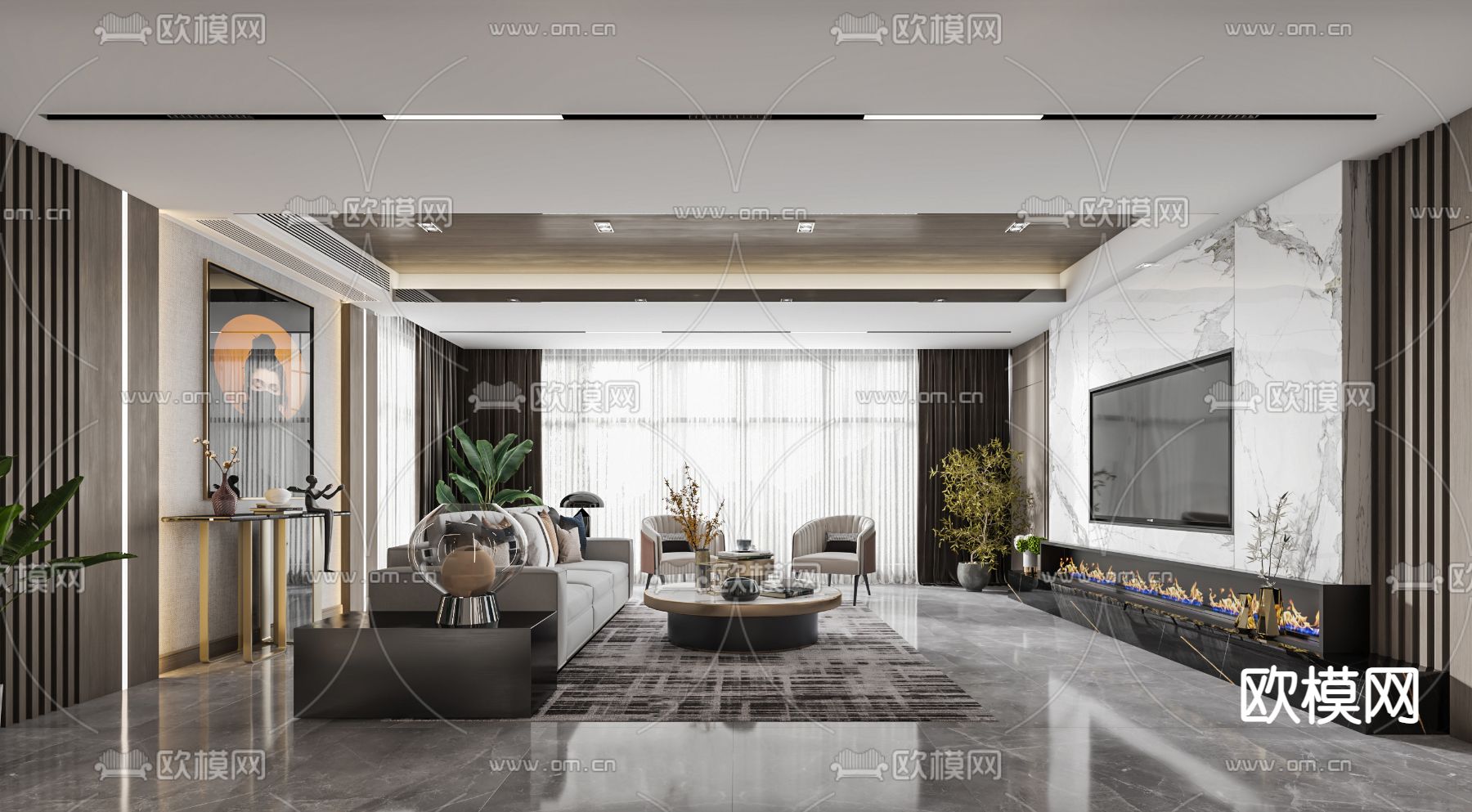 现代轻奢客厅3d模型下载（渲染图2）