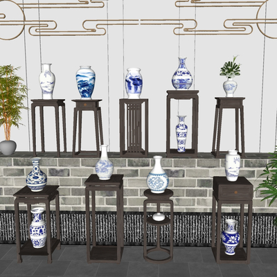  新中式青花瓷陶瓷花瓶su模型 