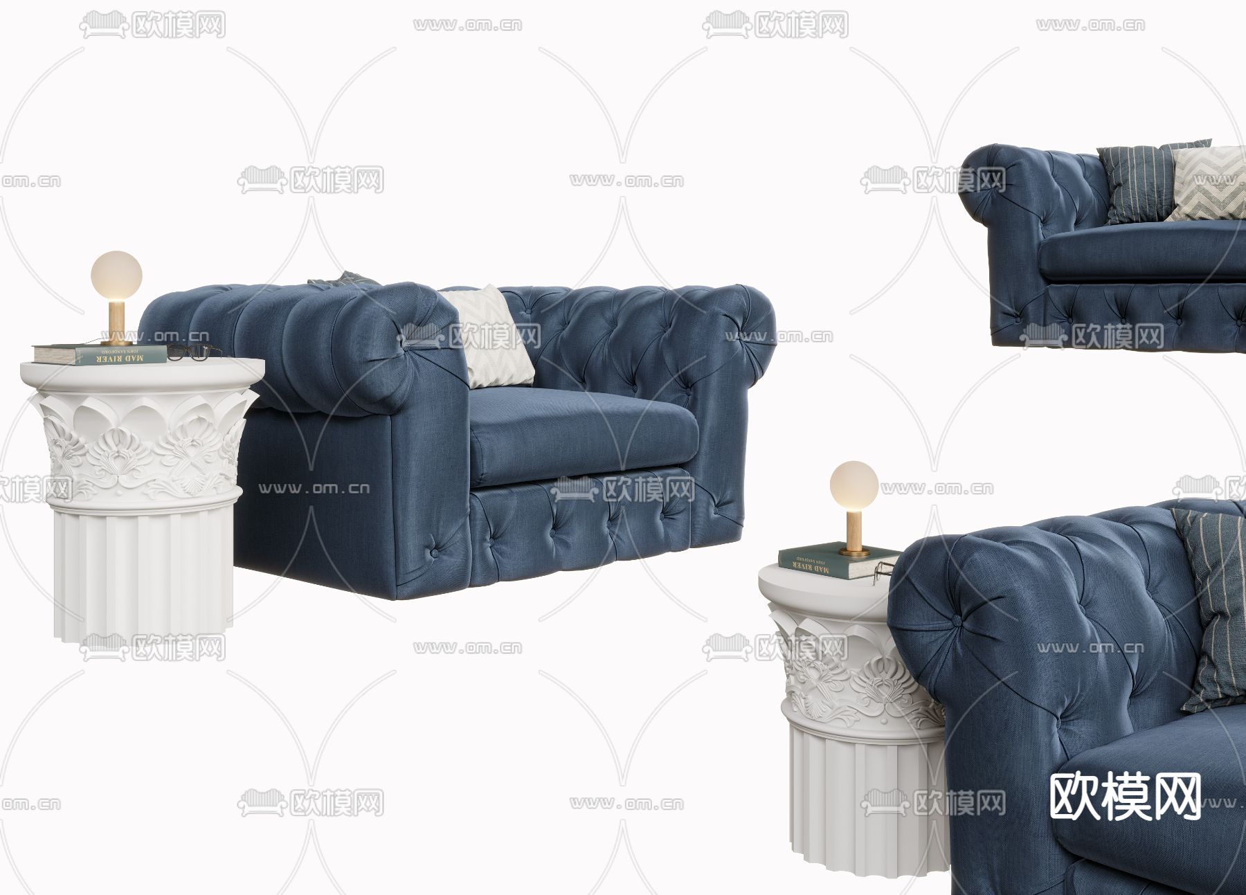 法式蓝色布艺单人沙发3d模型下载