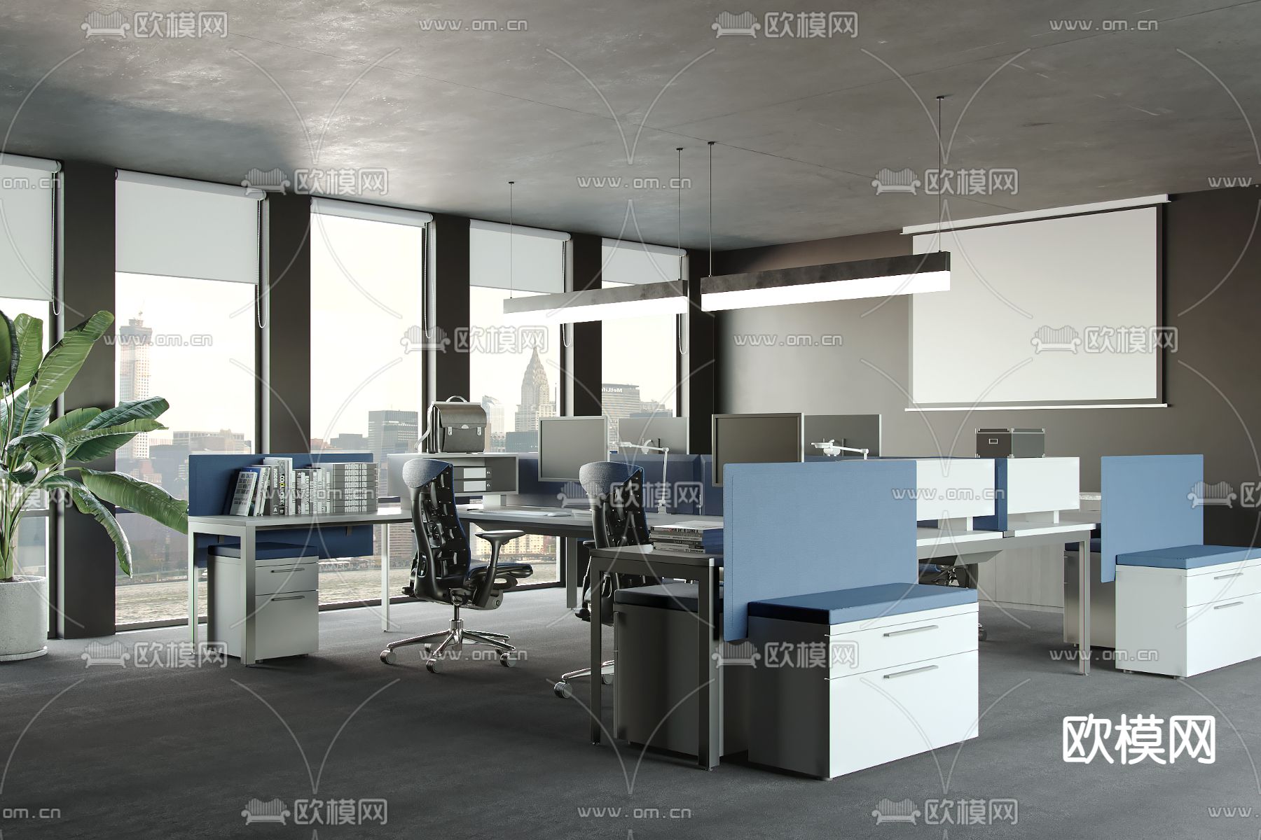 现代开放式办公区su模型下载_ID12028758_sketchup模型下载-欧模网