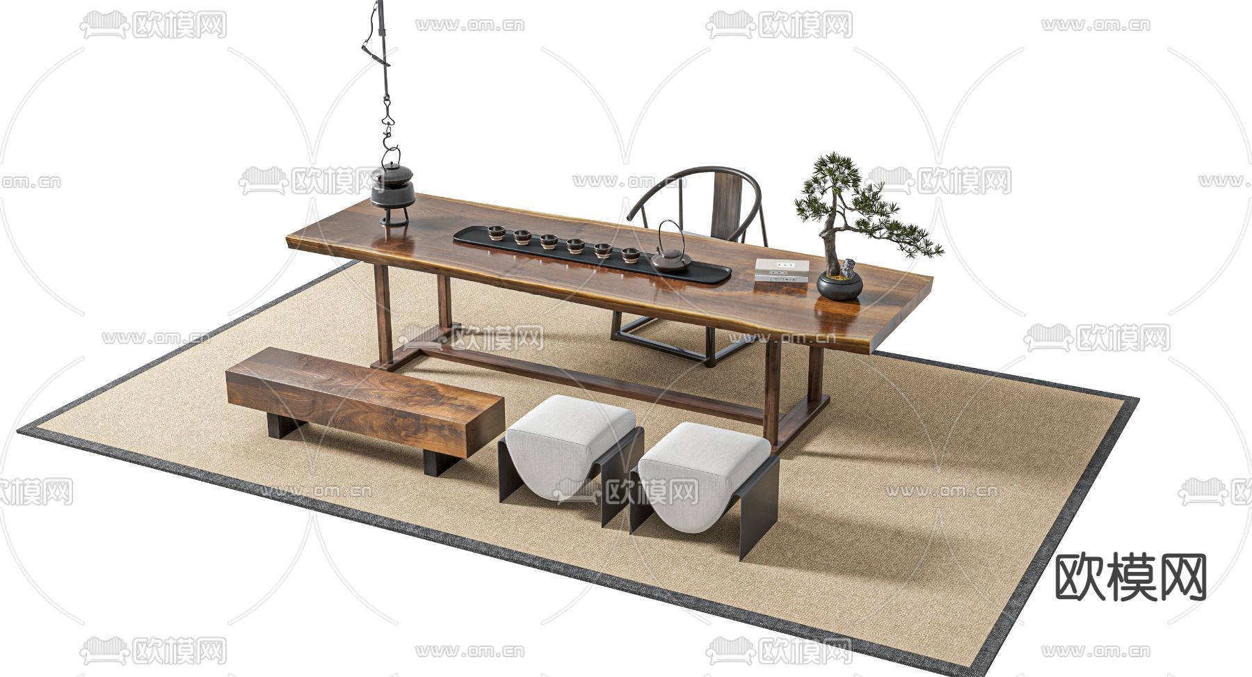 新中式实木茶桌椅3d模型下载