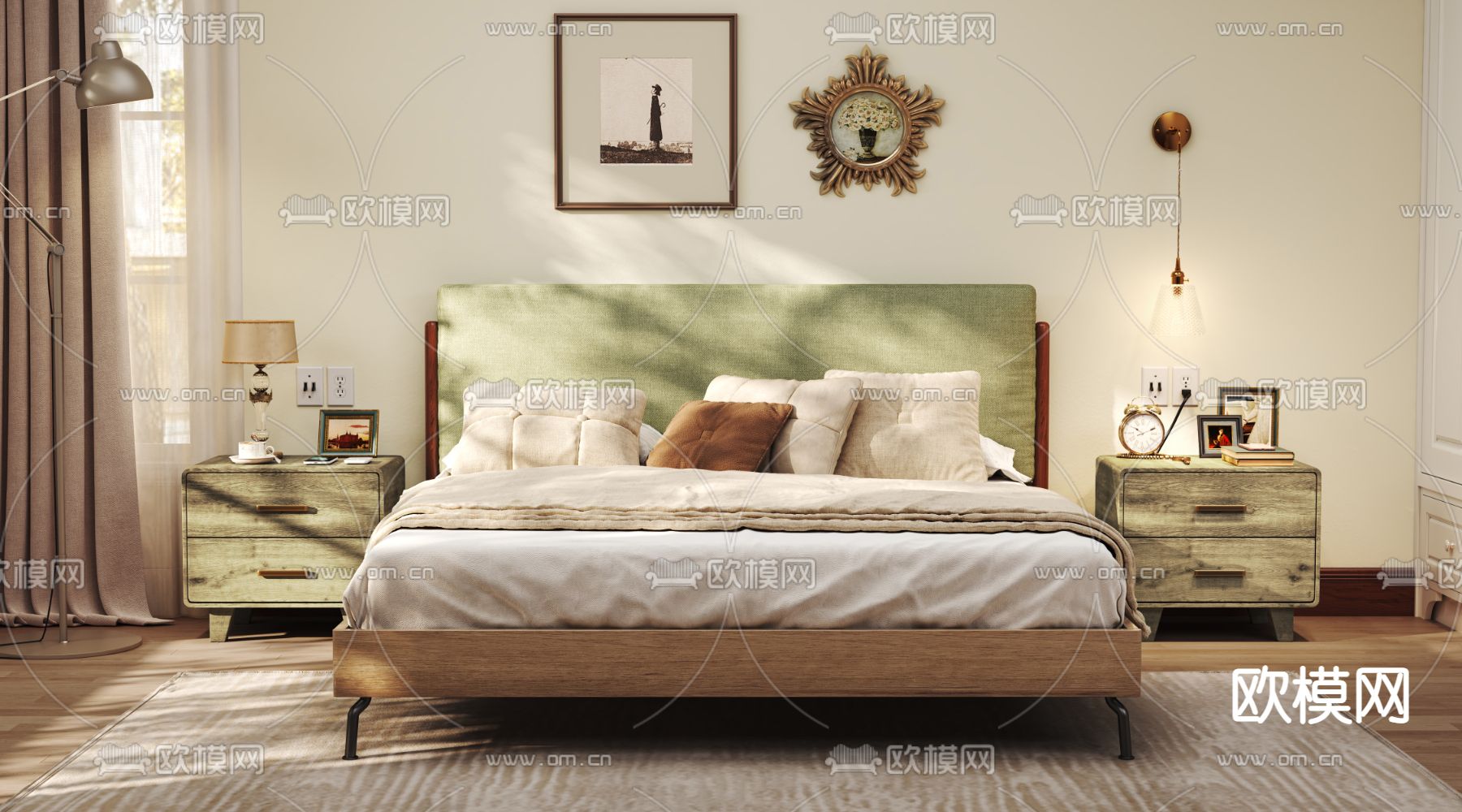 北欧绿色布艺双人床3d模型下载