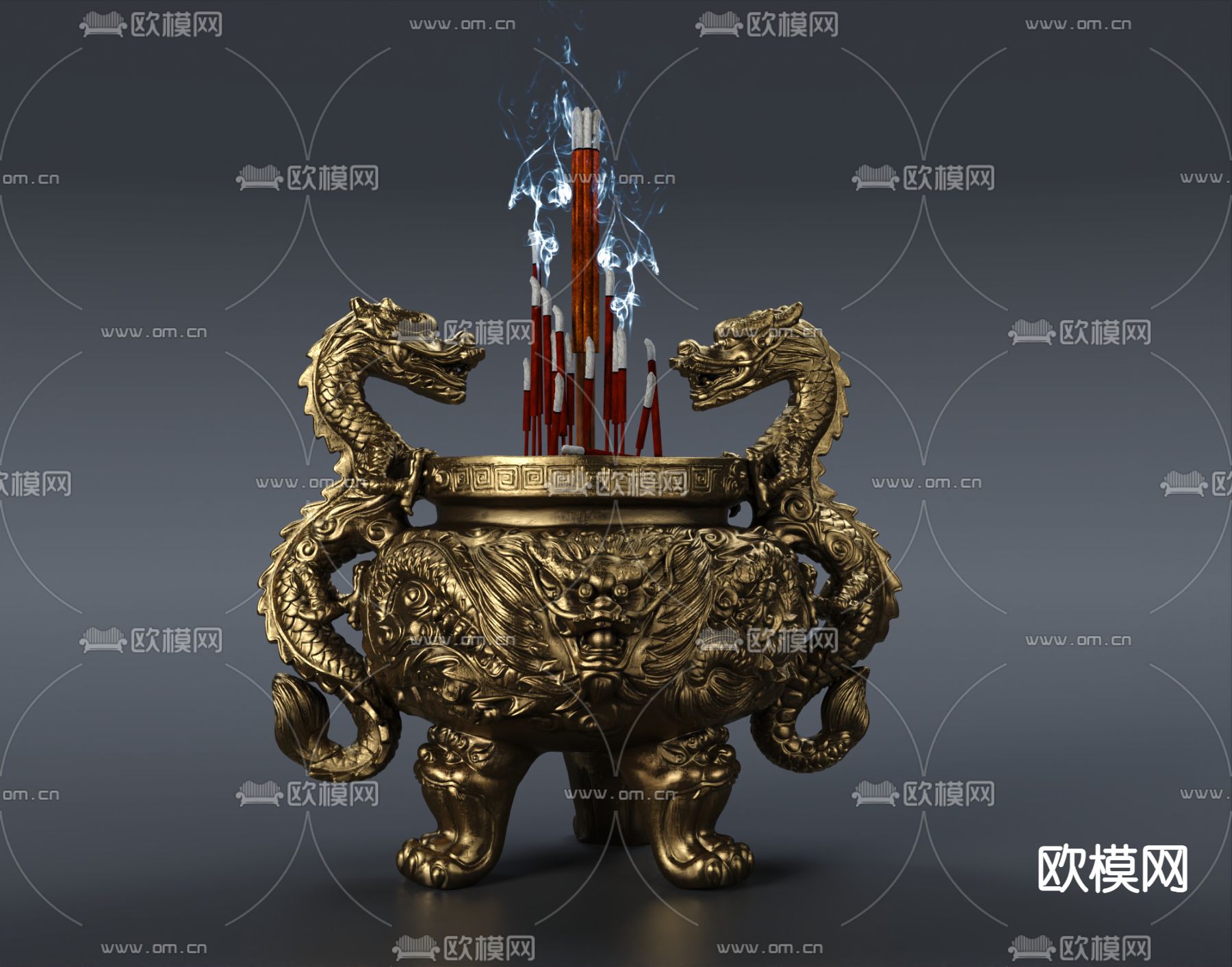 中式双龙雕花香炉3d模型下载