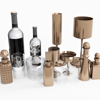  现代酒瓶高脚杯水晶杯su模型 