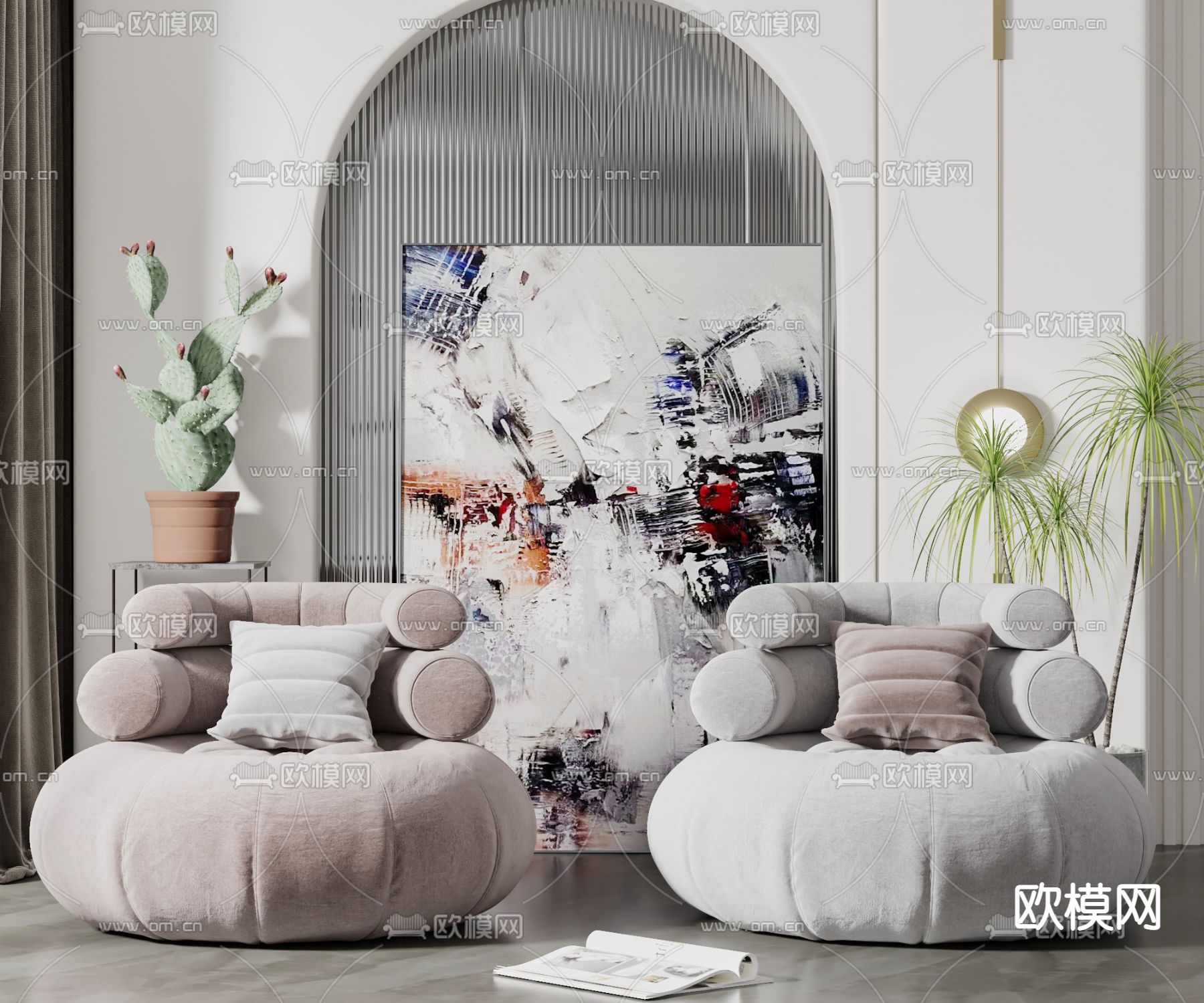 现代粉色布艺单人沙发3d模型下载_ID:12030724_3dmax免费模型-欧模网