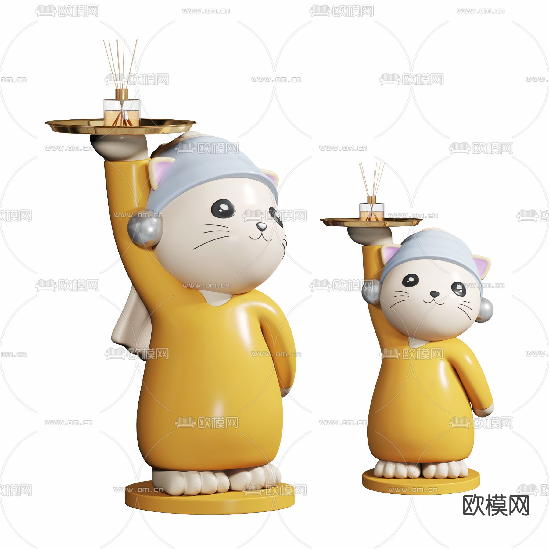 现代小猫香薰托盘潮玩雕塑3d模型下载（渲染图1）