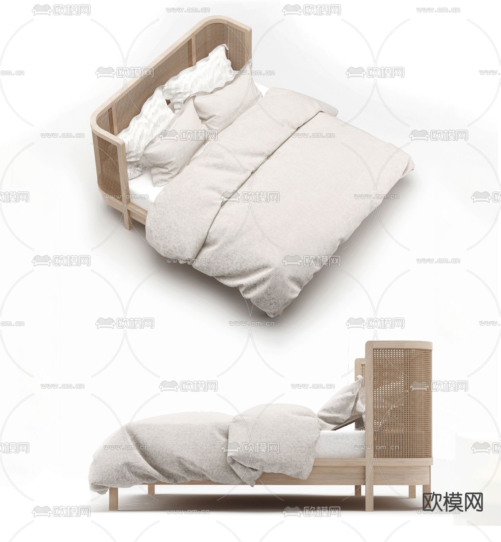 北欧简约实木藤编布艺双人床免费3d模型下载