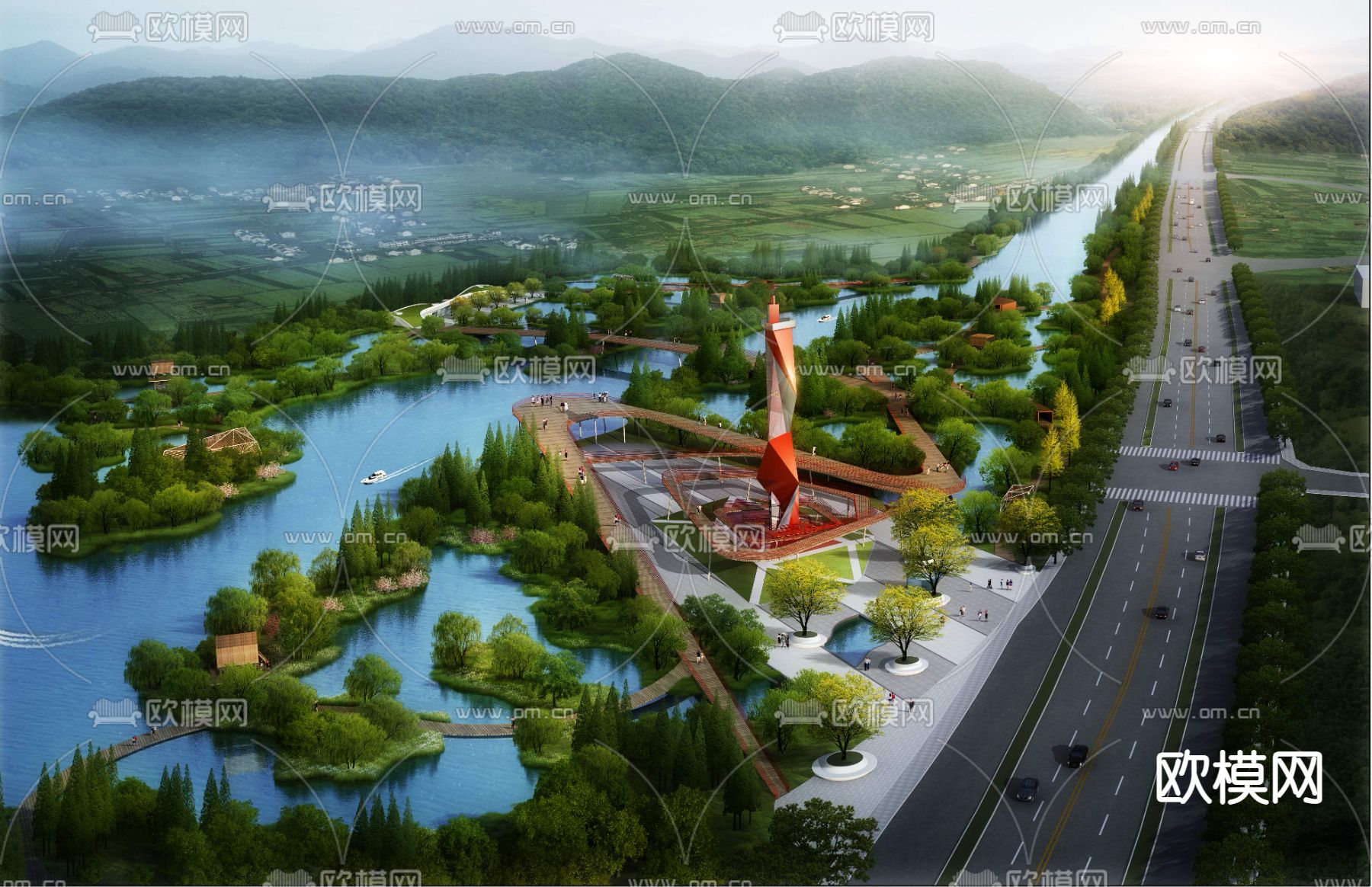 现代滨河公园景观psd下载