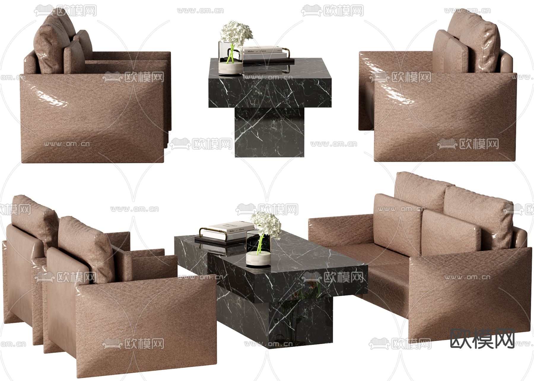 现代啡色皮革洽谈组合沙发3d模型下载