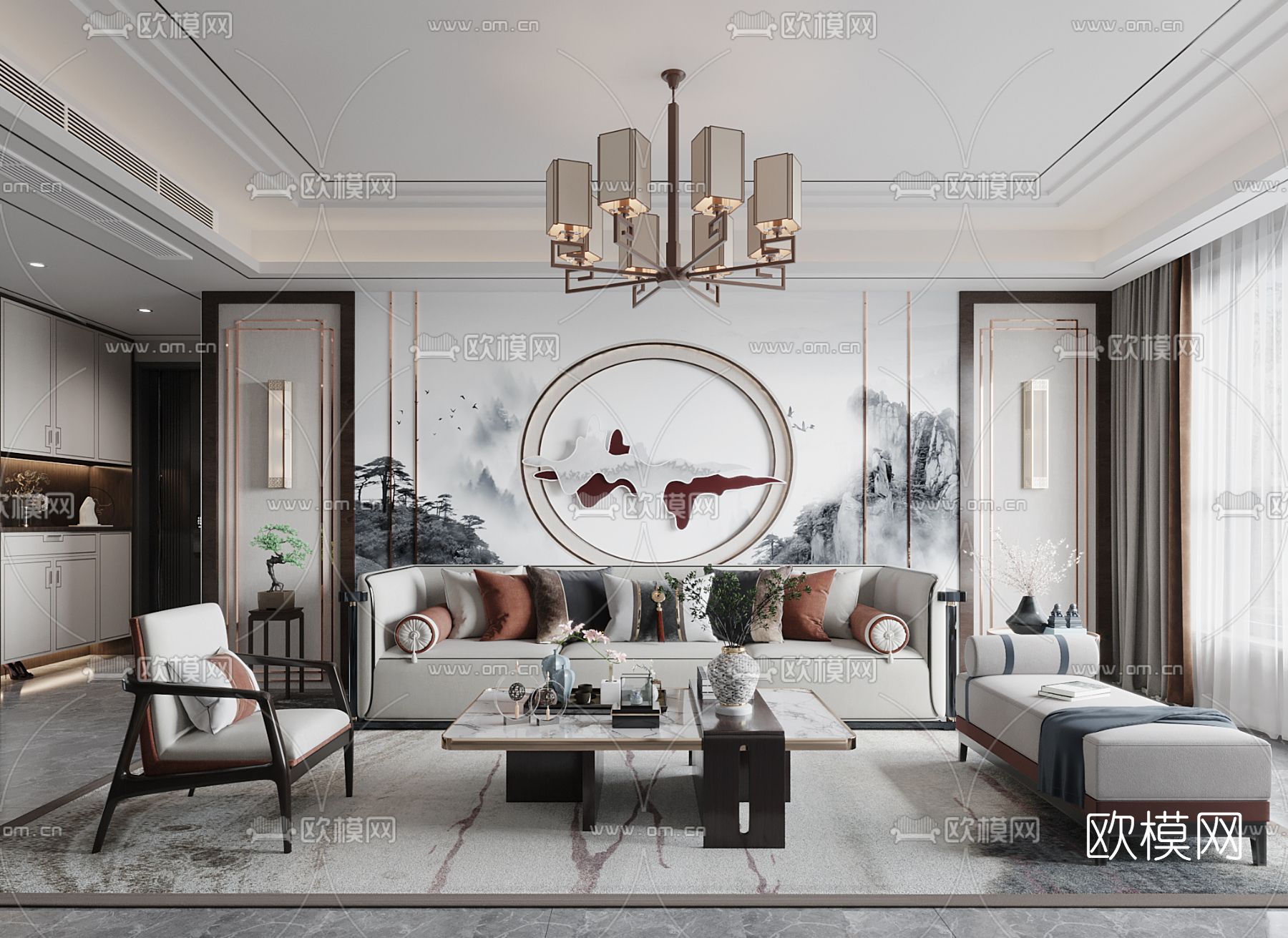 新中式布艺组合沙发3d模型下载