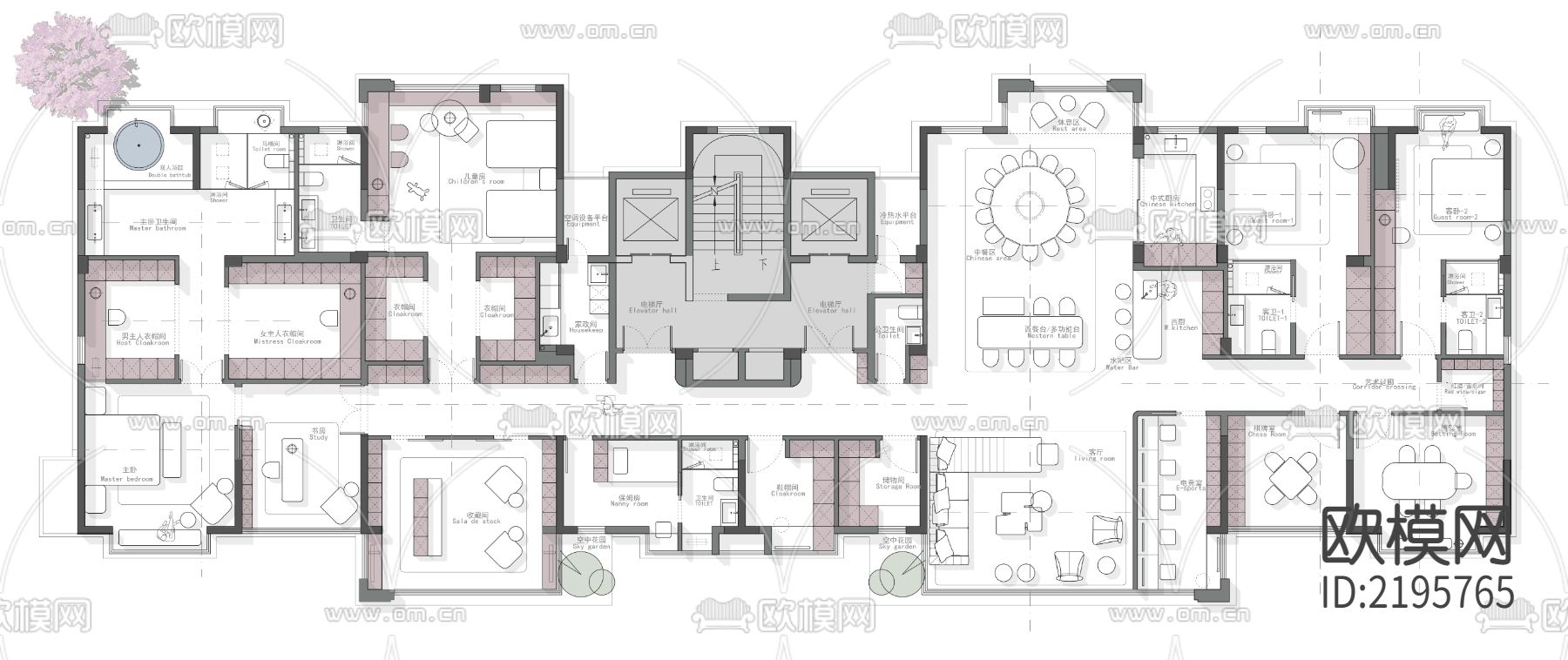 540平大平层CAD施工图下载（渲染图2）