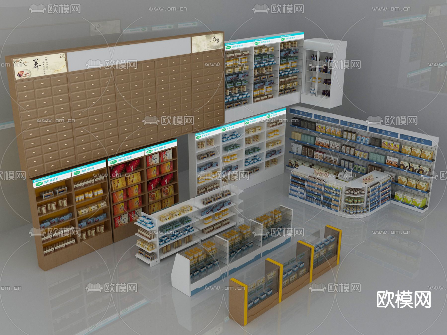 现代药店中药柜su模型下载（渲染图1）