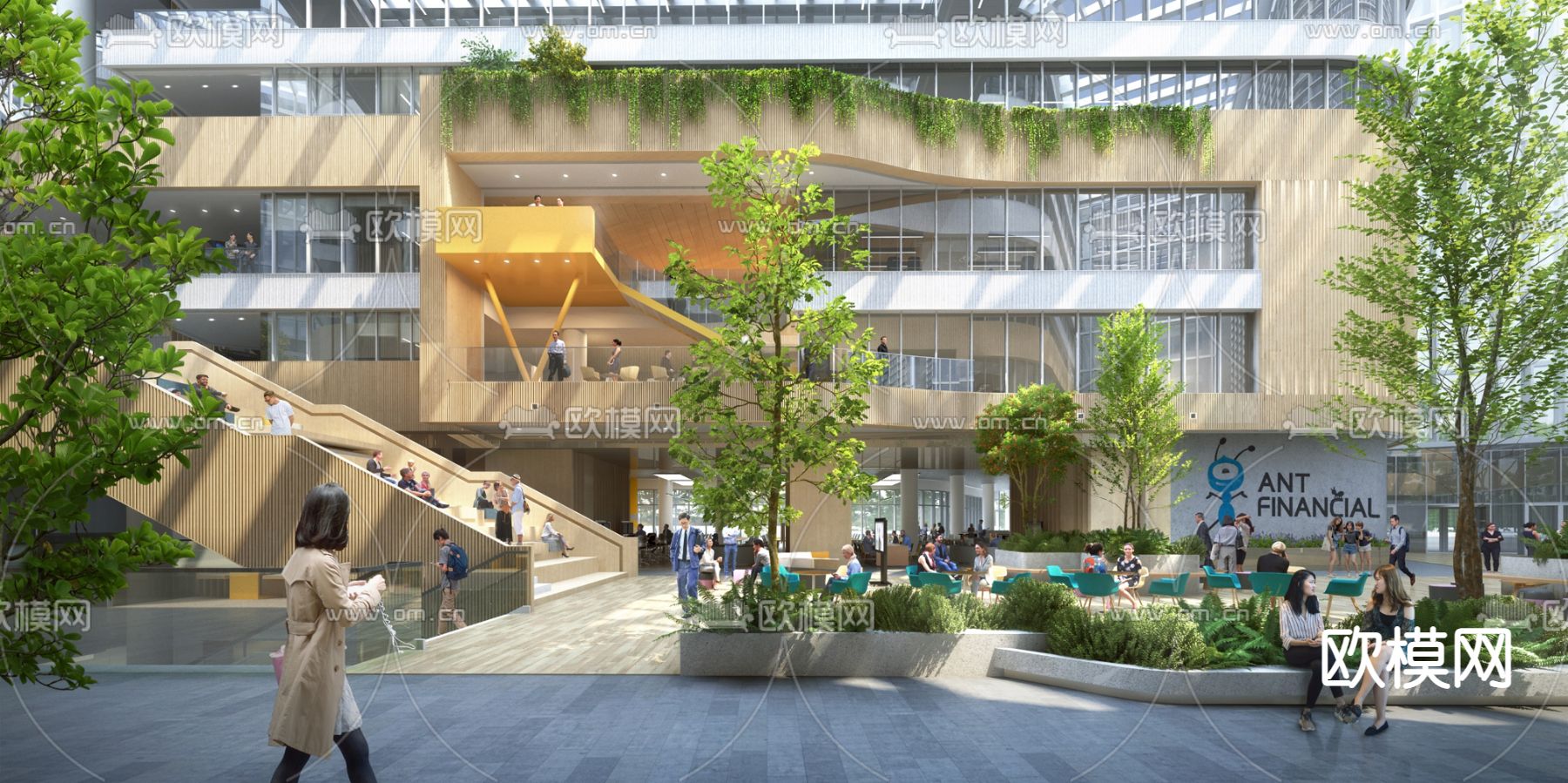 现代办公中庭大堂su模型下载（渲染图2）