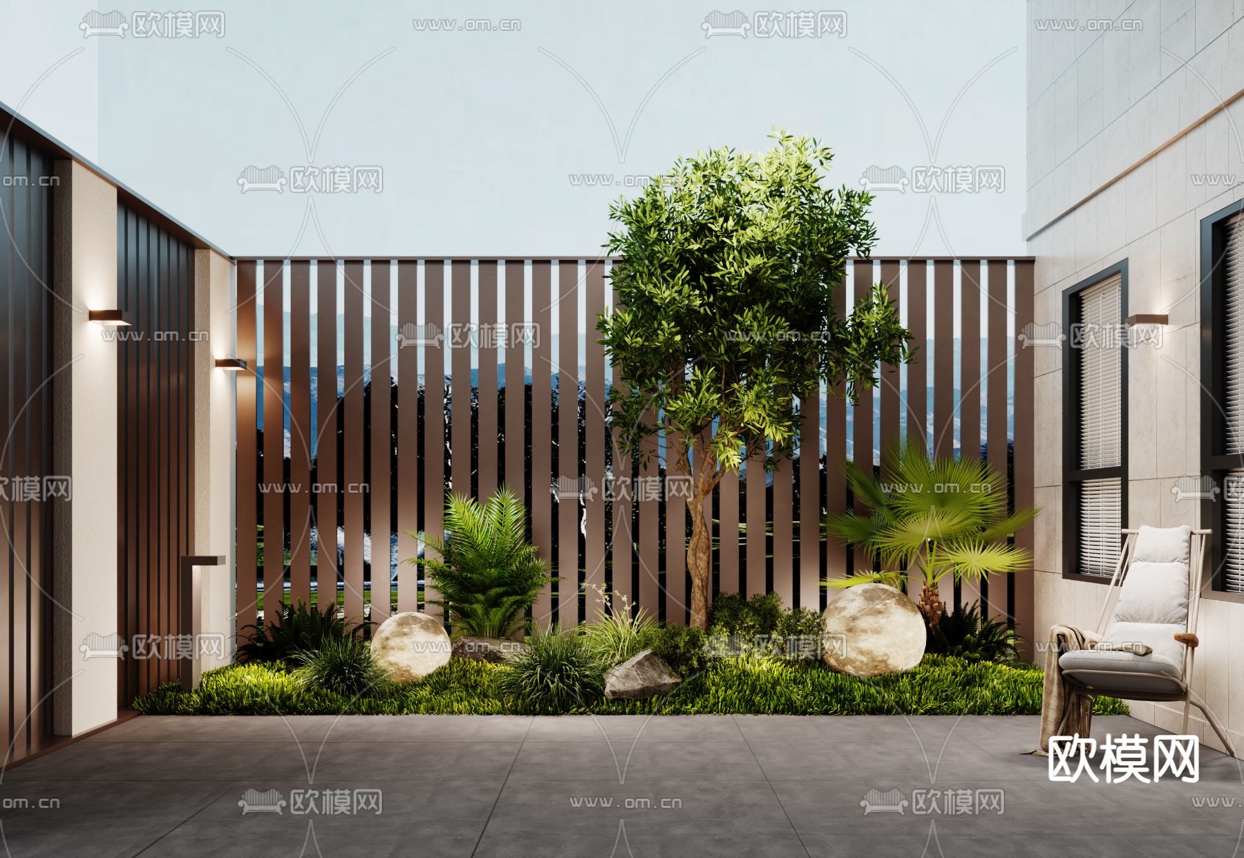 现代月亮灯绿植堆园艺小品3d模型下载