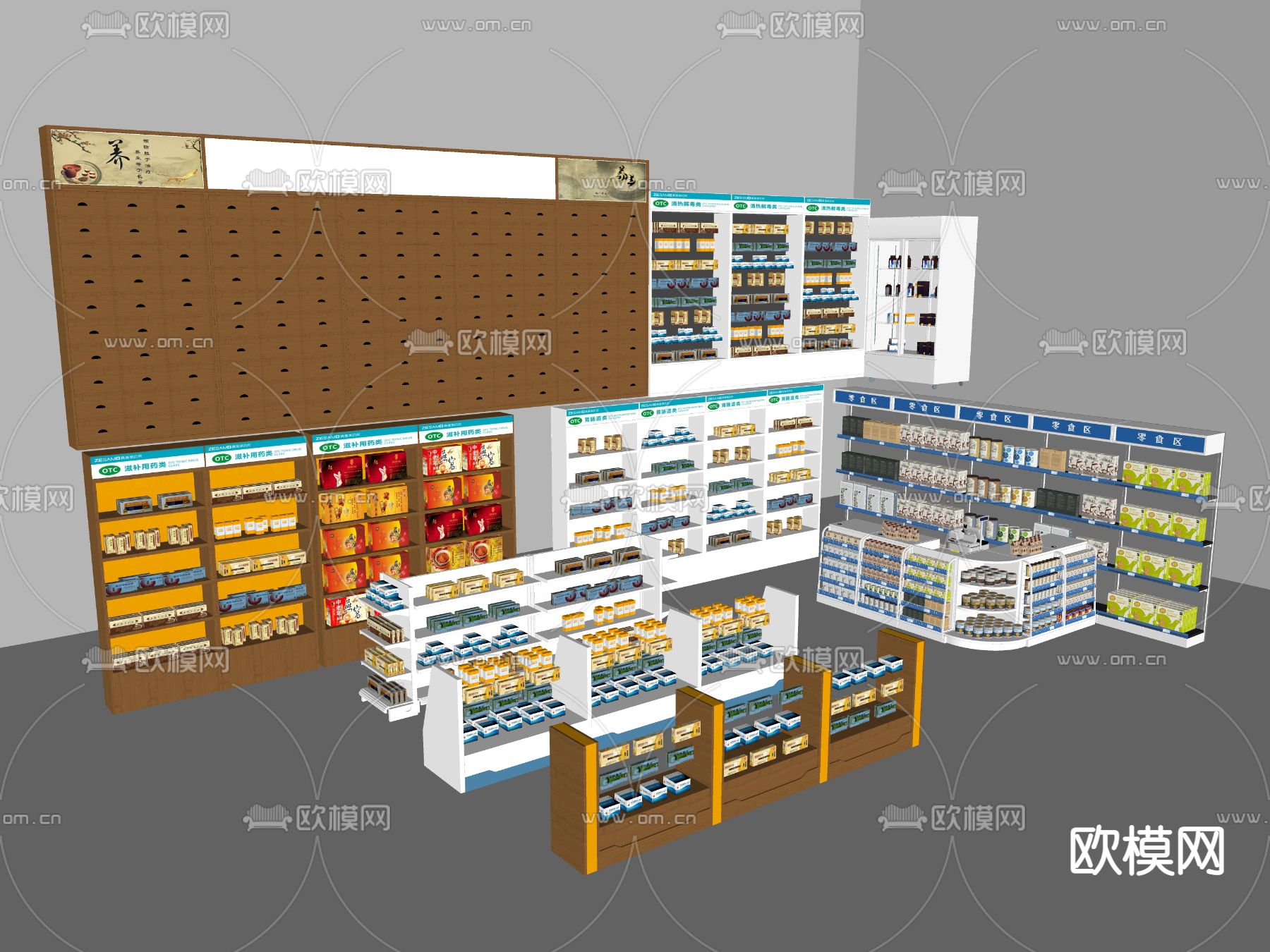 现代药店中药柜su模型下载（渲染图2）