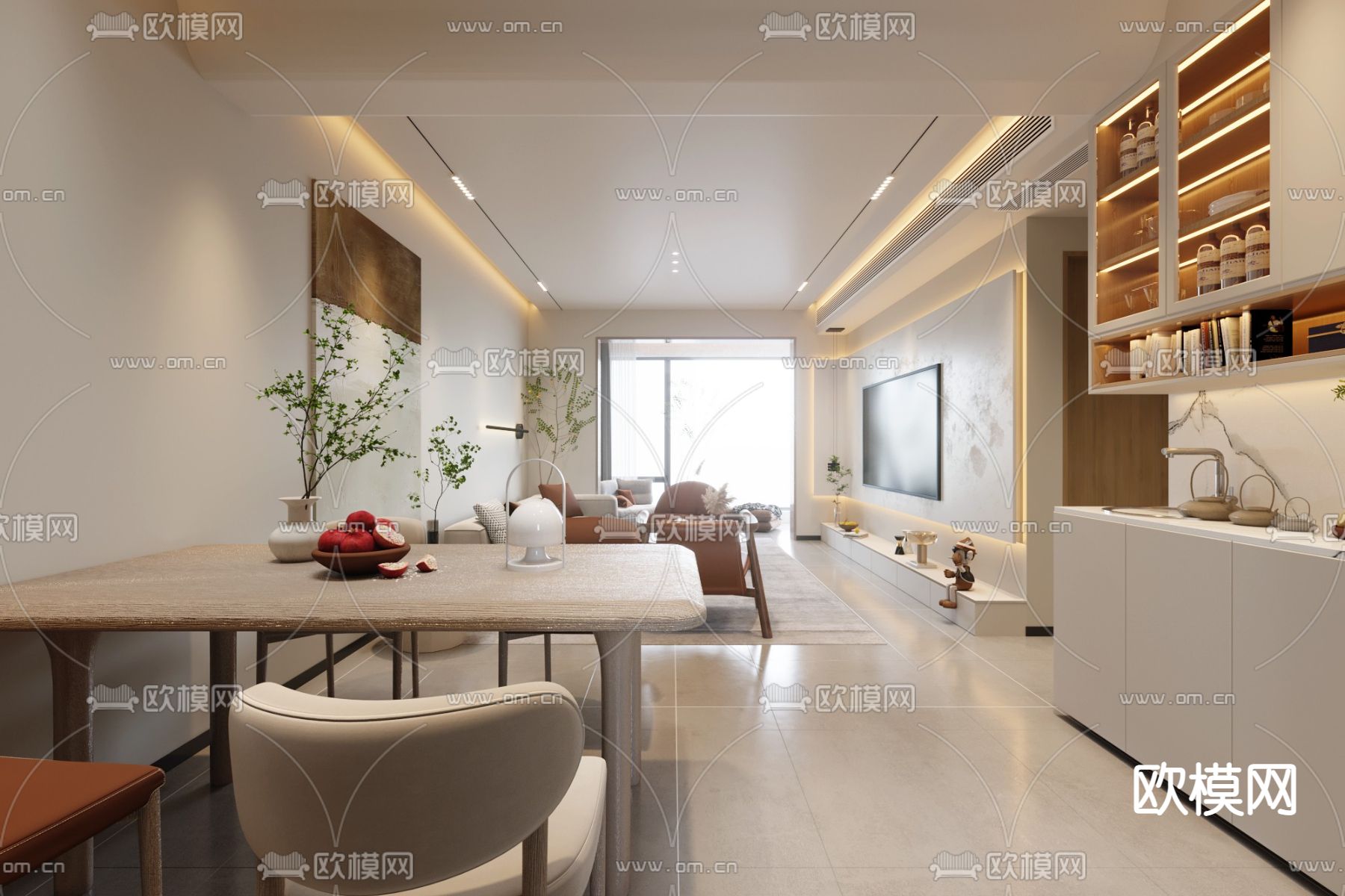 奶油风客厅餐厅3d模型下载（渲染图3）