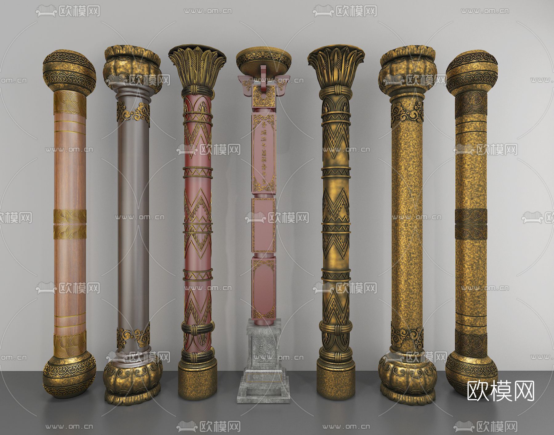中式立柱雕花柱子3d模型下载