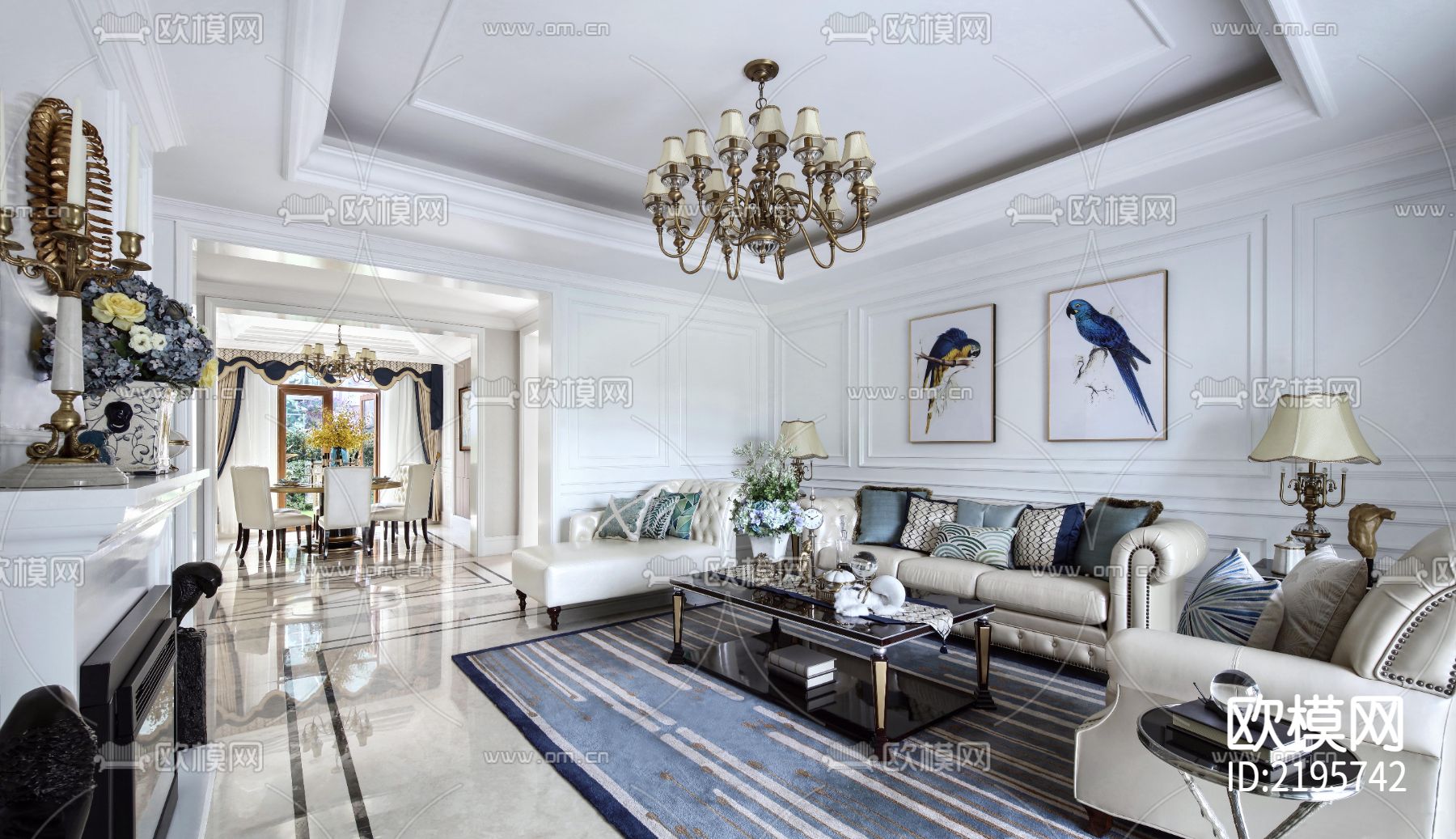 法式豪宅大平层效果图CAD施工图下载（渲染图2）