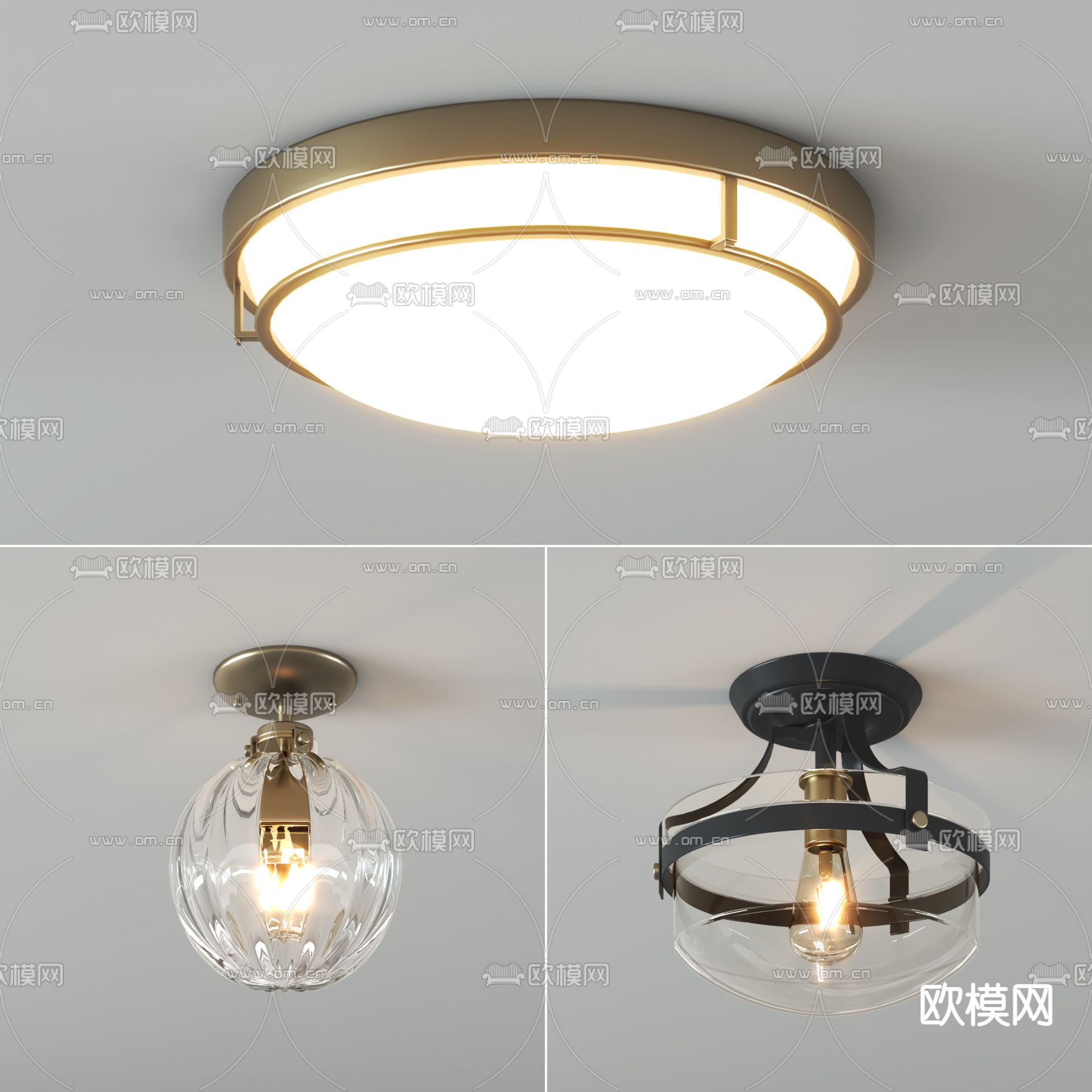 美式金属玻璃吸顶灯3d模型下载（渲染图1）