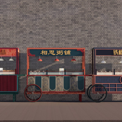  新中式摊位餐车su模型 