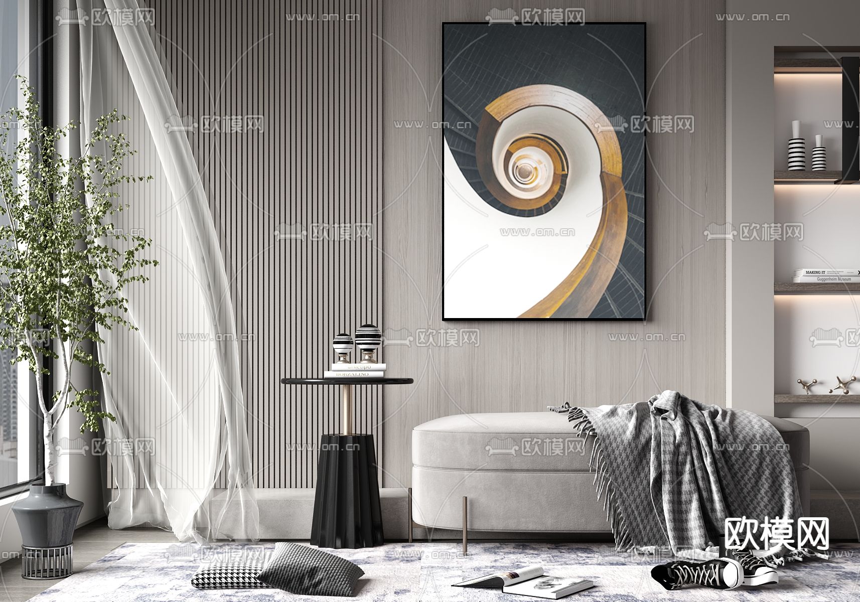 现代轻奢沙发凳床尾凳摆设组合su模型下载（渲染图1）