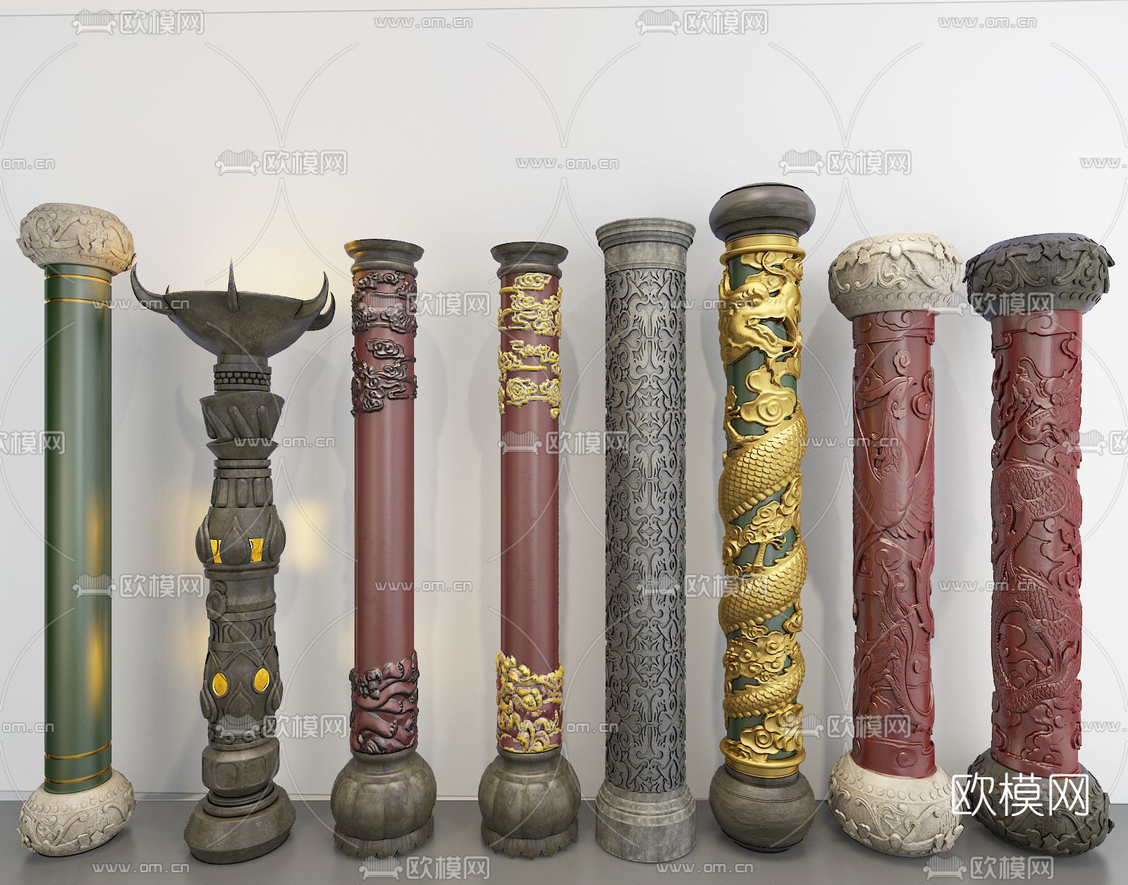 中式盘龙柱雕花柱子3d模型下载