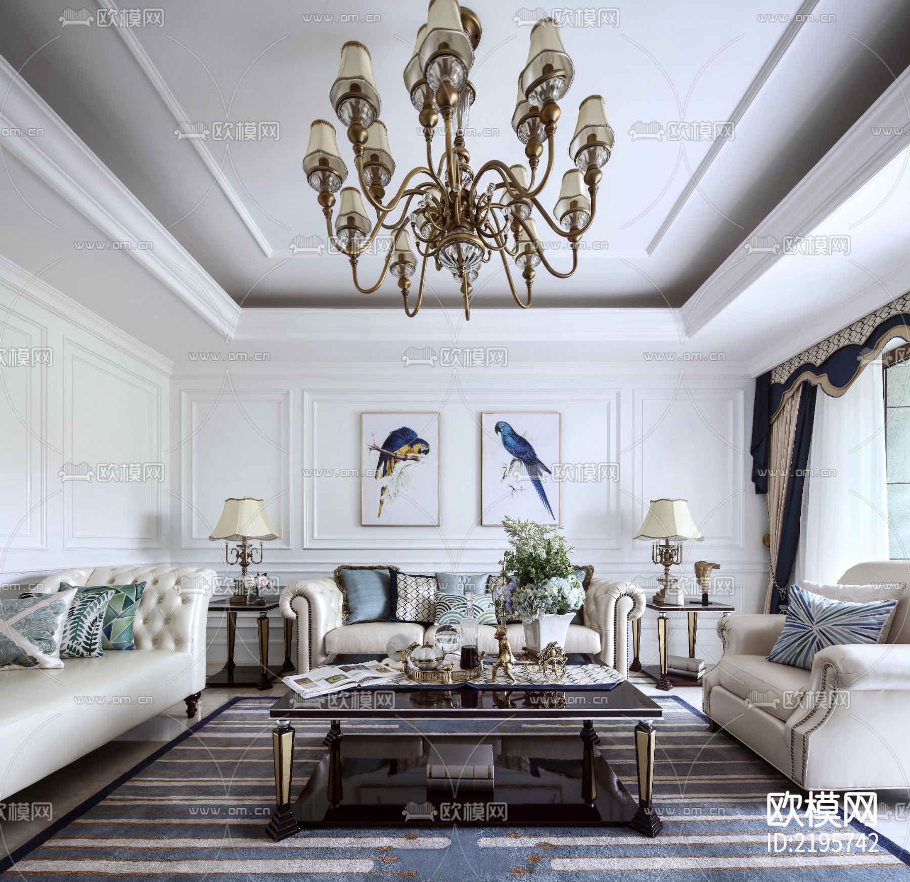 法式豪宅大平层效果图CAD施工图下载（渲染图7）