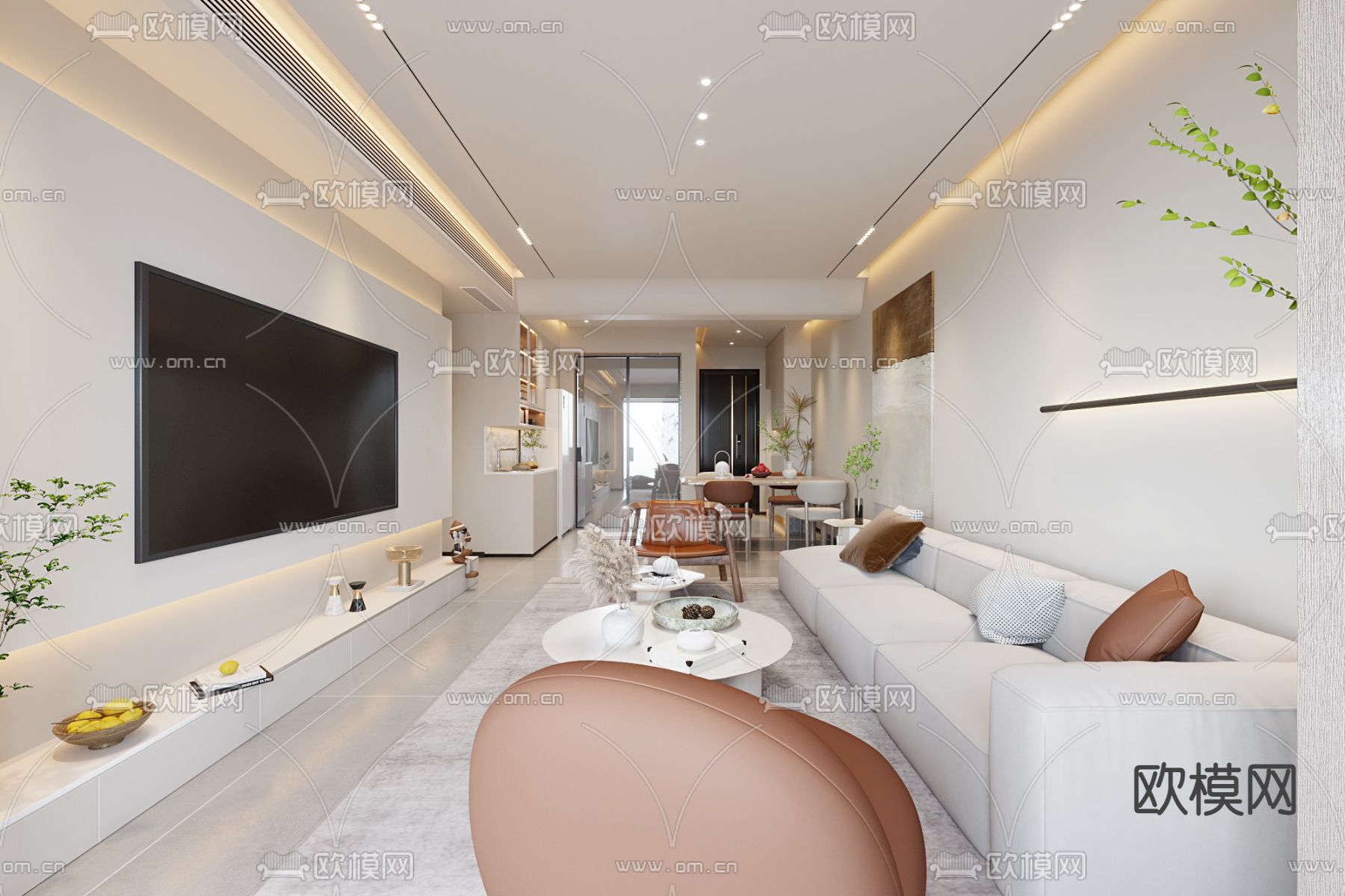 奶油风客厅餐厅3d模型下载（渲染图2）