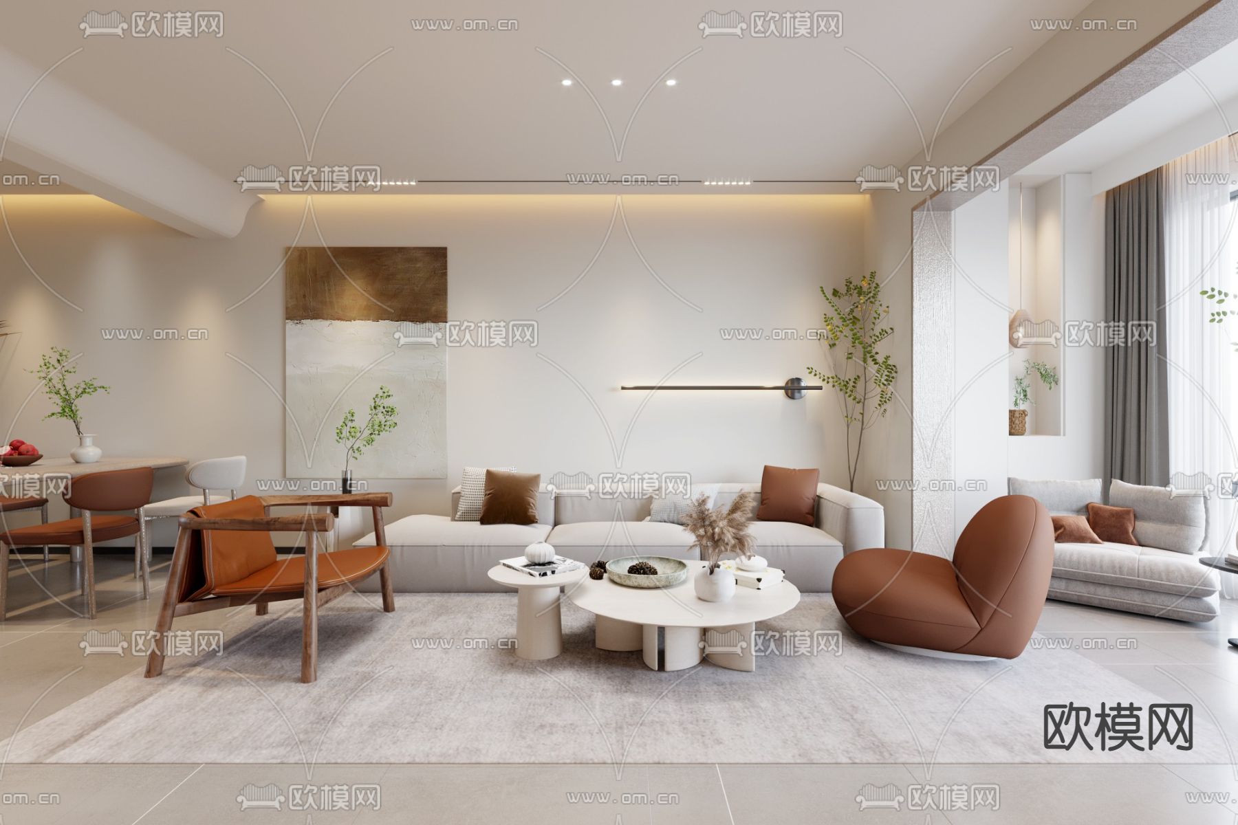 奶油风客厅餐厅3d模型下载（渲染图1）