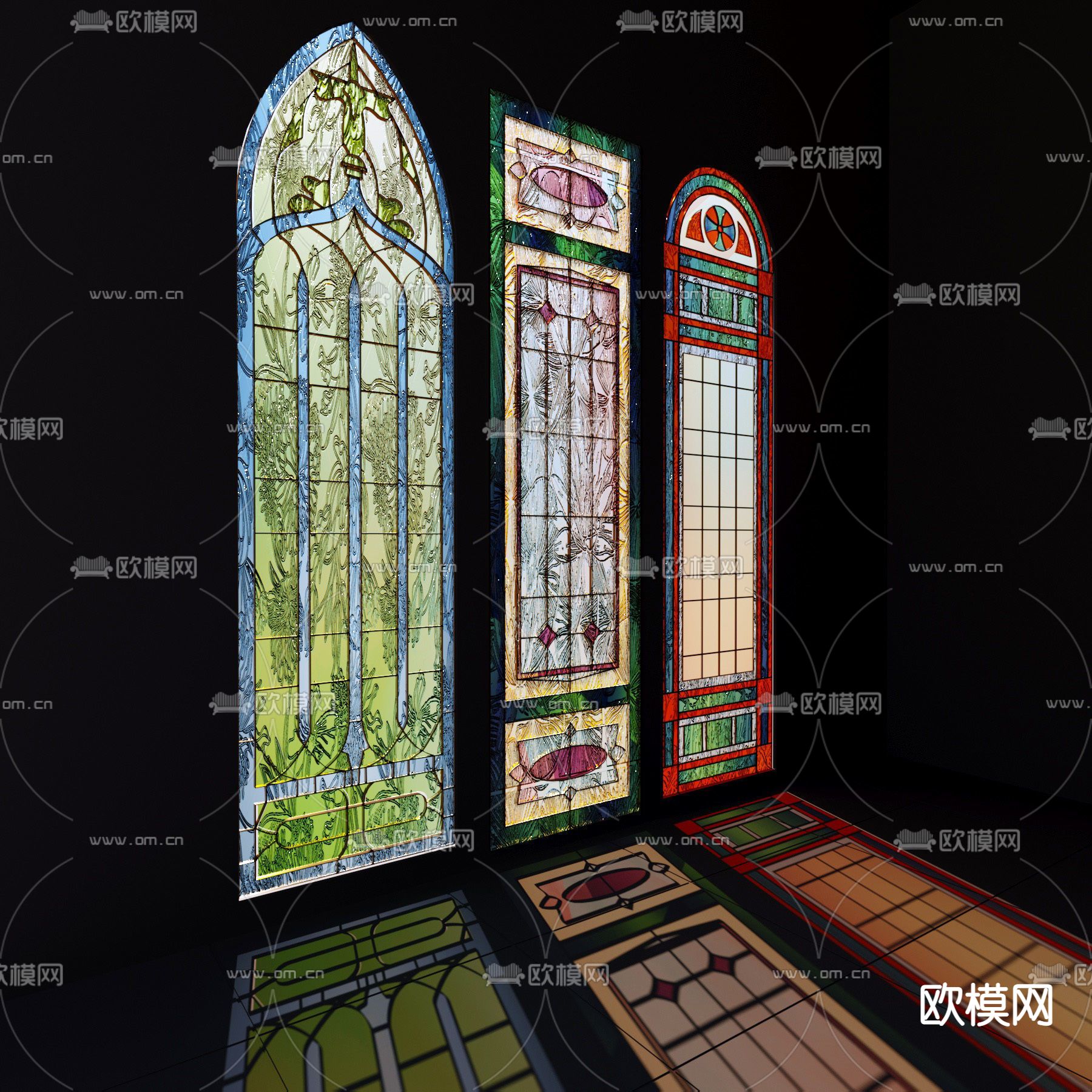 欧式古典彩色绘画玻璃窗免费3d模型下载