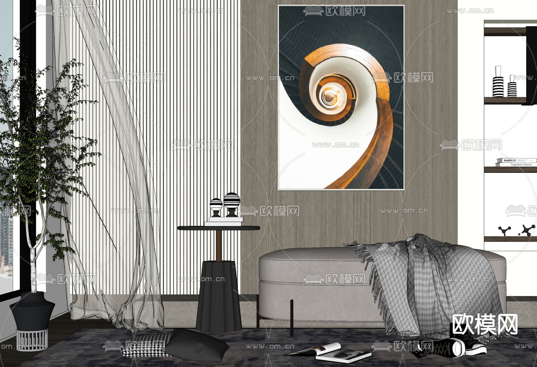 现代轻奢沙发凳床尾凳摆设组合su模型下载（渲染图2）