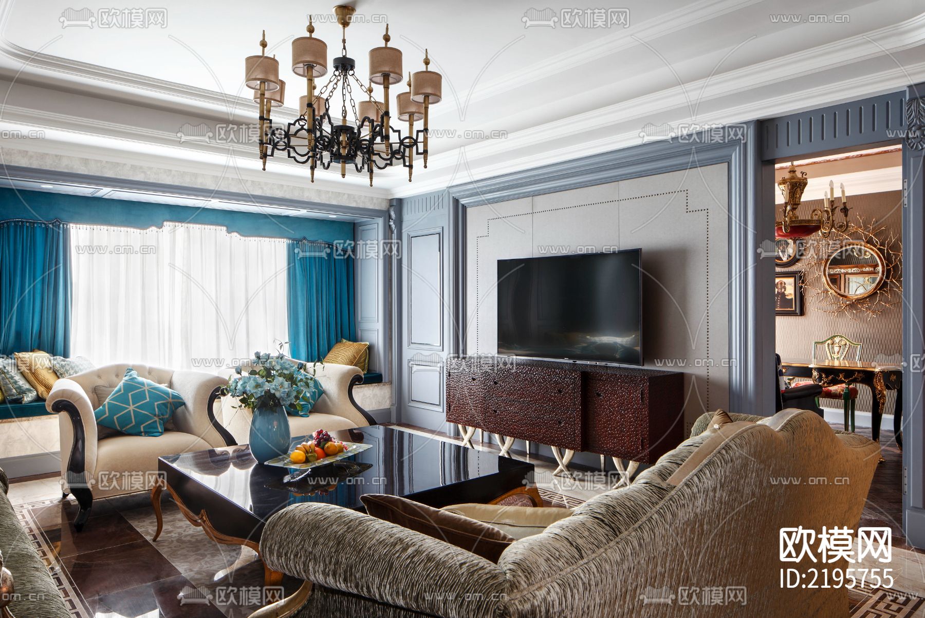 豪宅大平层效果图CAD施工图下载（渲染图1）