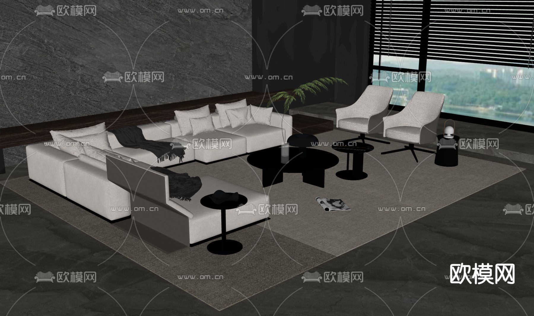 Poliform 现代布艺转角沙发组合su模型下载（渲染图2）