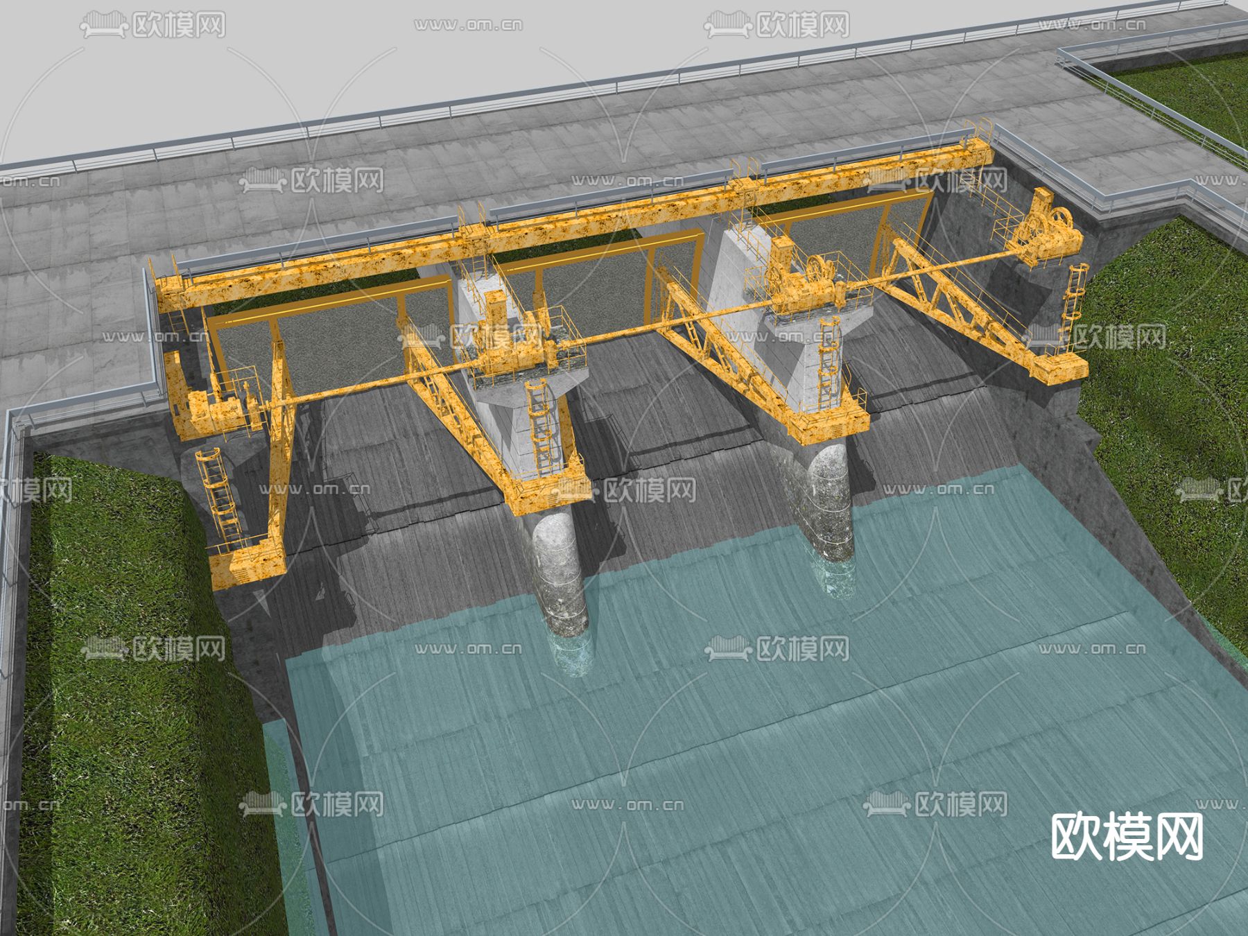 现代水电站水闸闸口su模型下载（渲染图2）