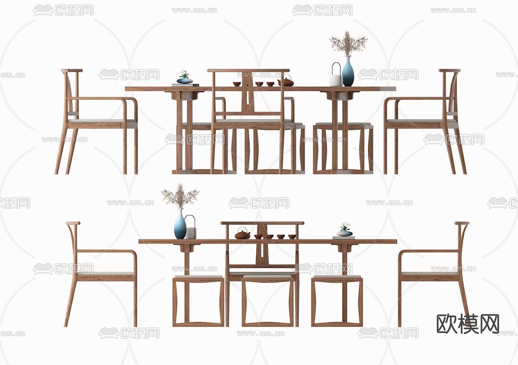 新中式实木茶桌椅3d模型下载