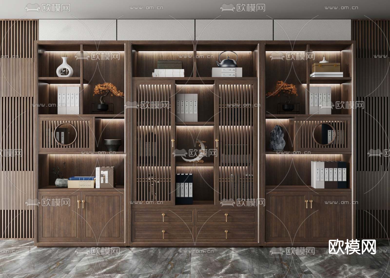 新中式实木博古架su模型下载（渲染图1）