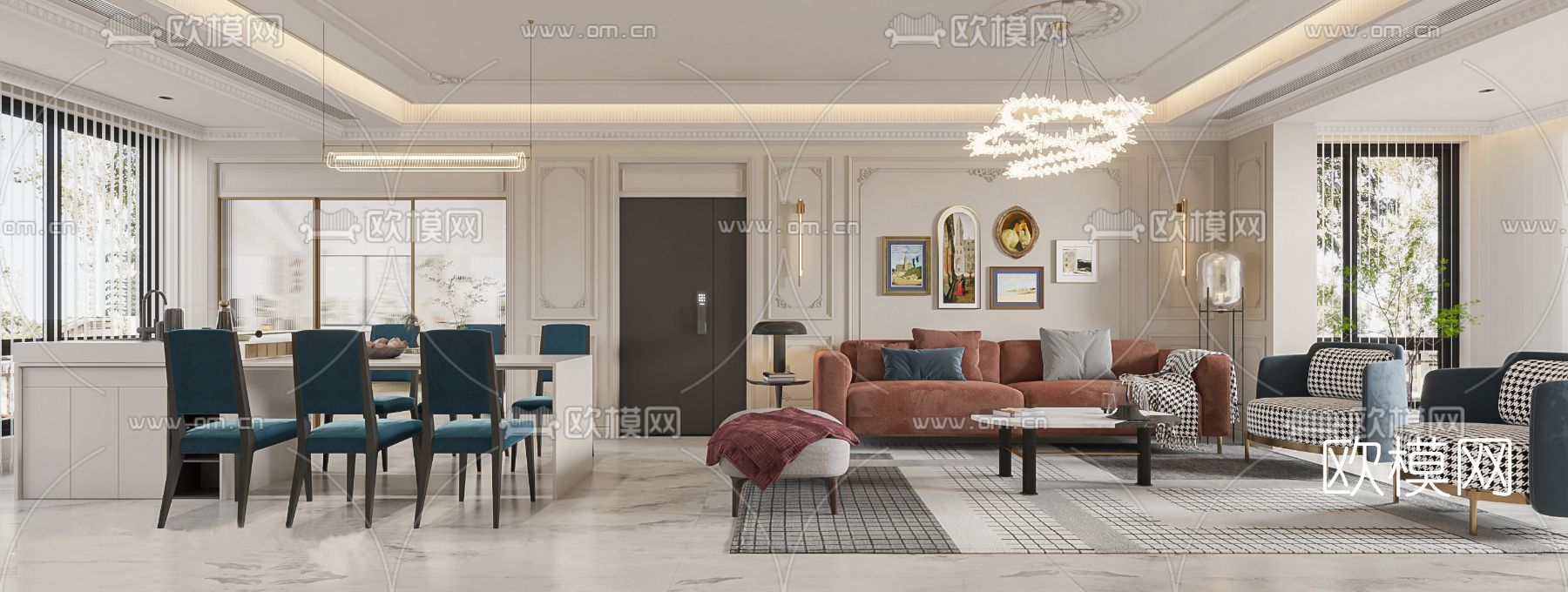 法式客厅餐厅3d模型下载（渲染图1）