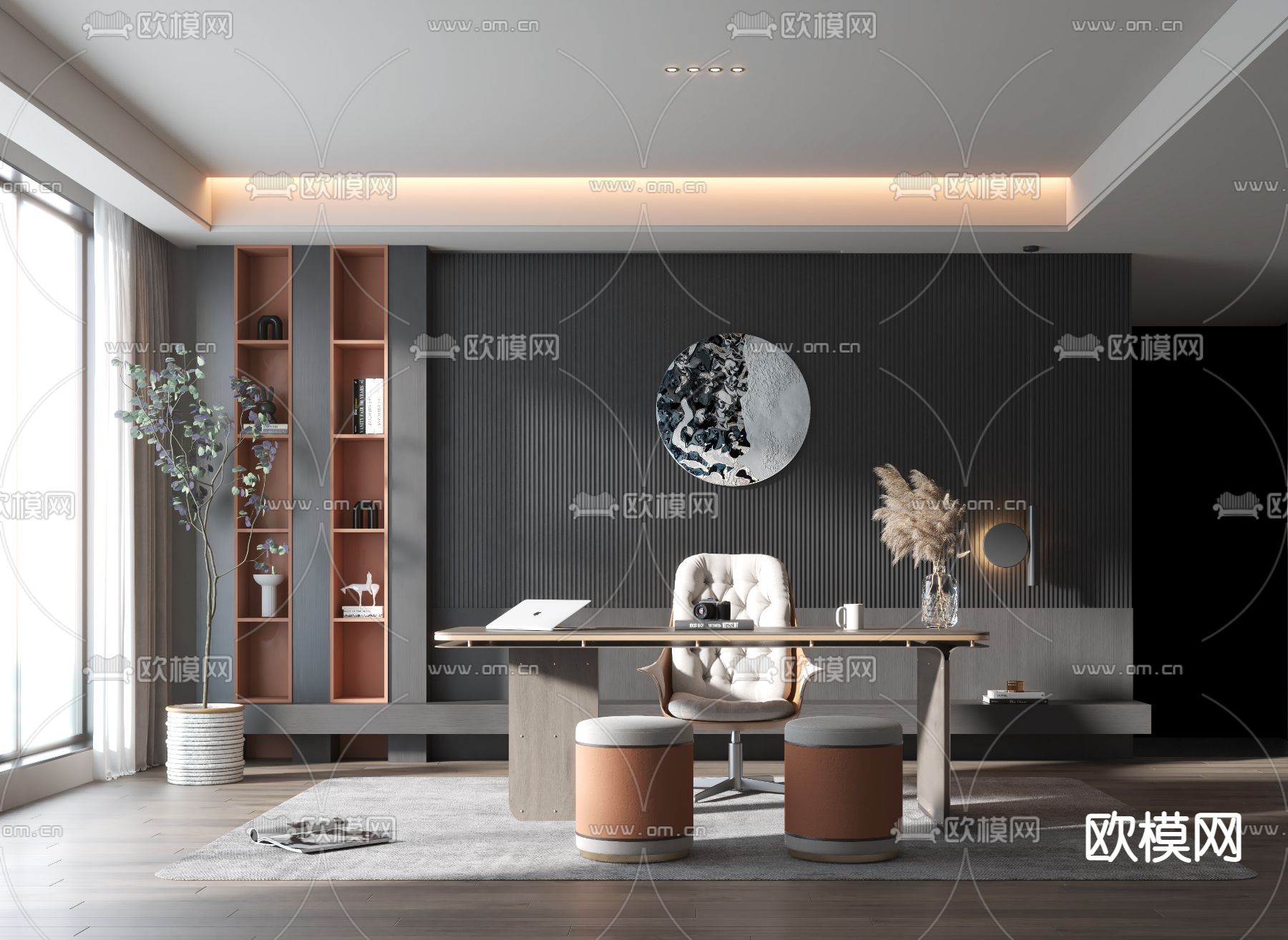 现代高级灰书房3d模型下载_ID12032522_3dmax免费模型-欧模网