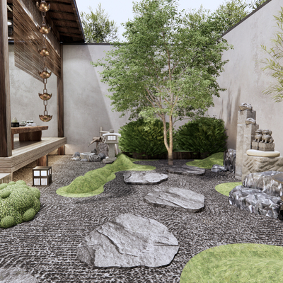  日式枯山水庭院花园su模型 