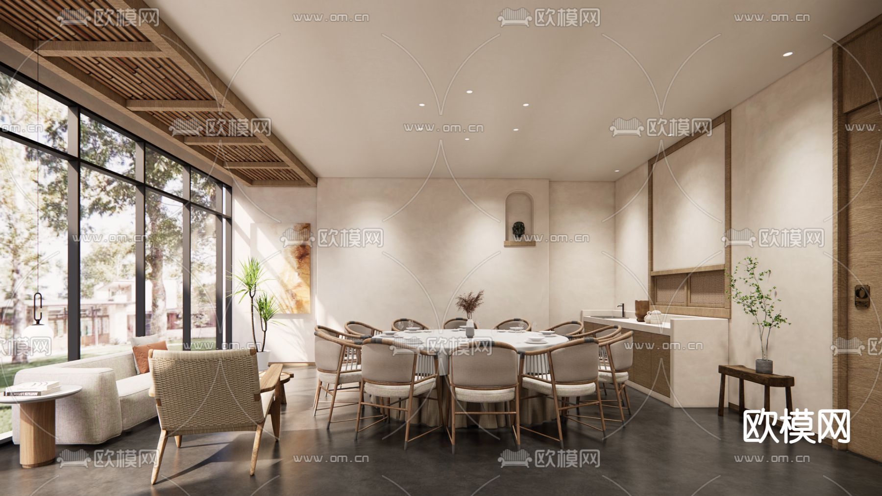 侘寂风民宿餐厅包房su模型下载_ID12033068_sketchup模型下载-欧模网