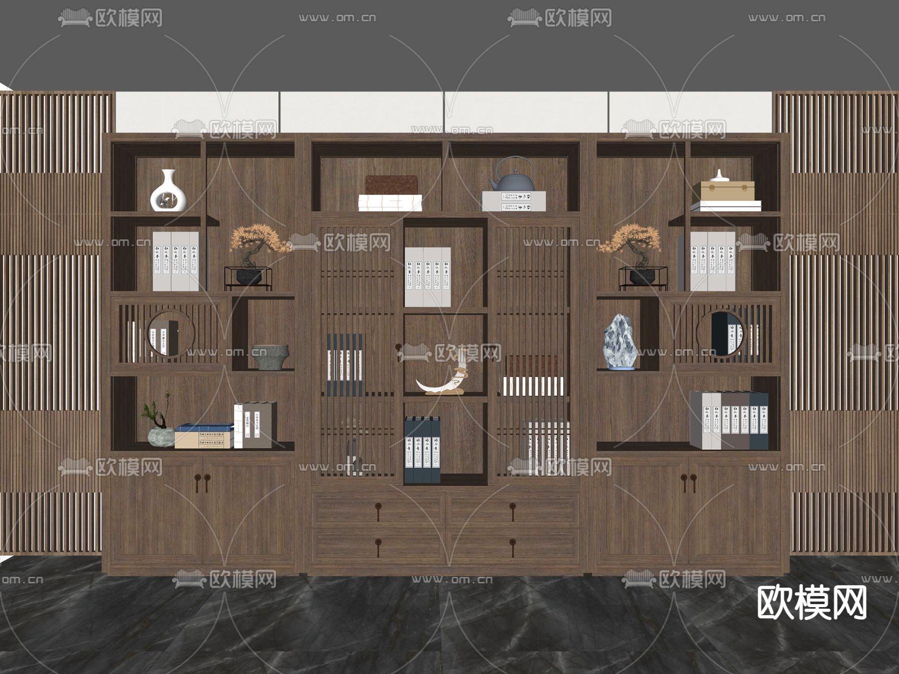 新中式实木博古架su模型下载（渲染图2）